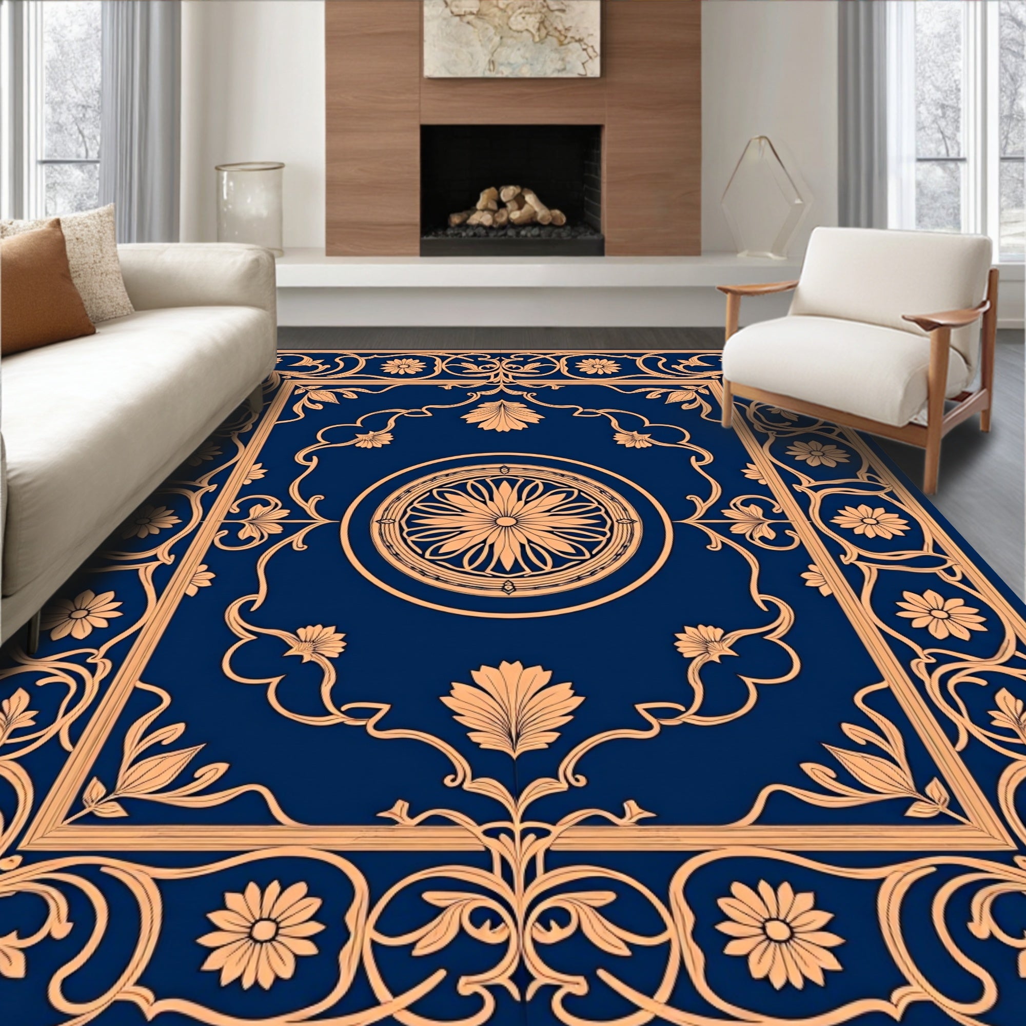 Ornate Floral Border Square Design Rug