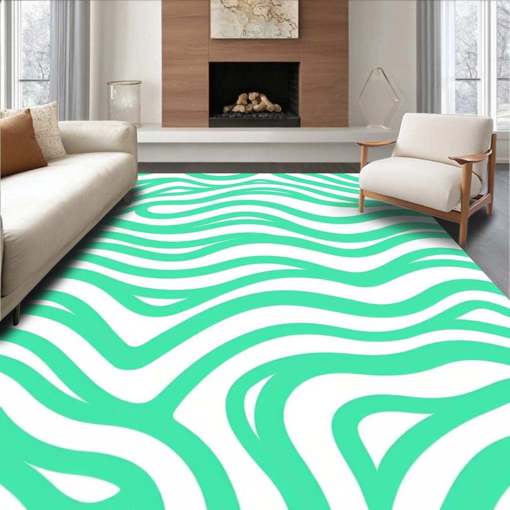 Curved Aqua Wave Pattern Rug