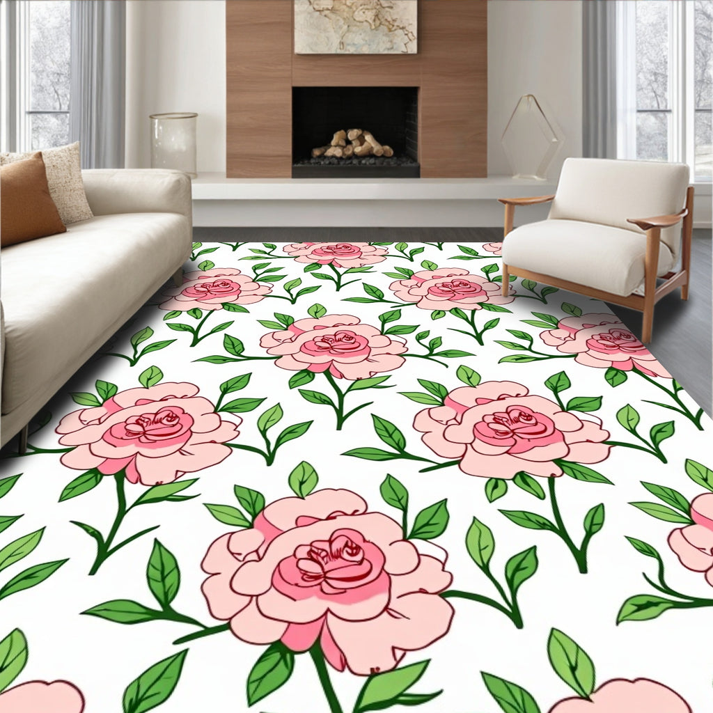 Pink Rose Floral Whimsical Pattern Rug