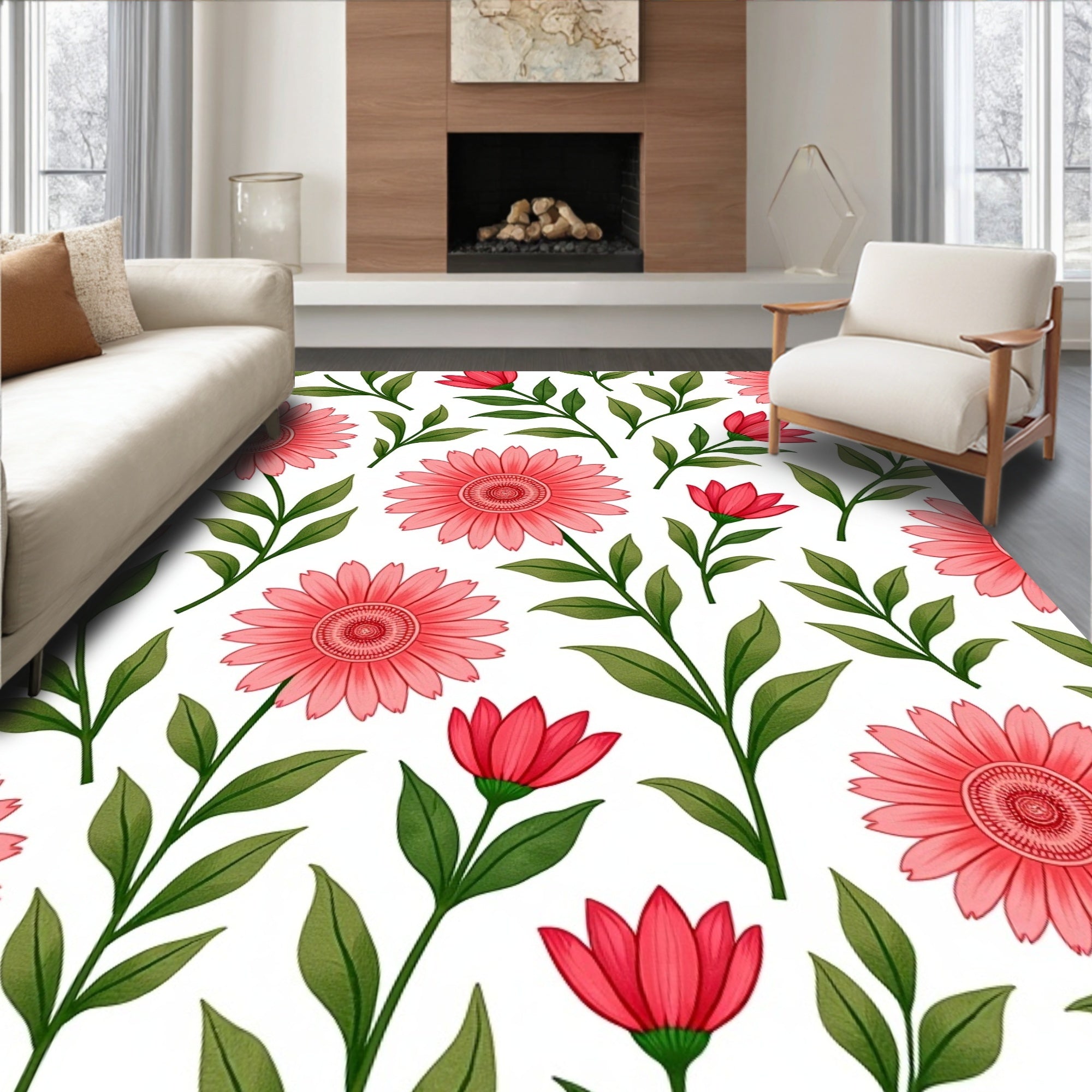 Coral Flower And Greenery Pattern Rug