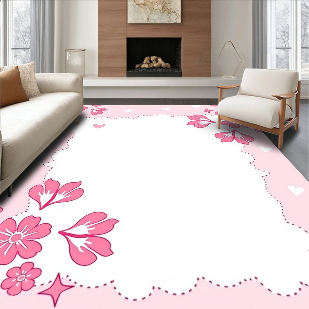 Pink Floral Border with Hearts and Stars Rug
