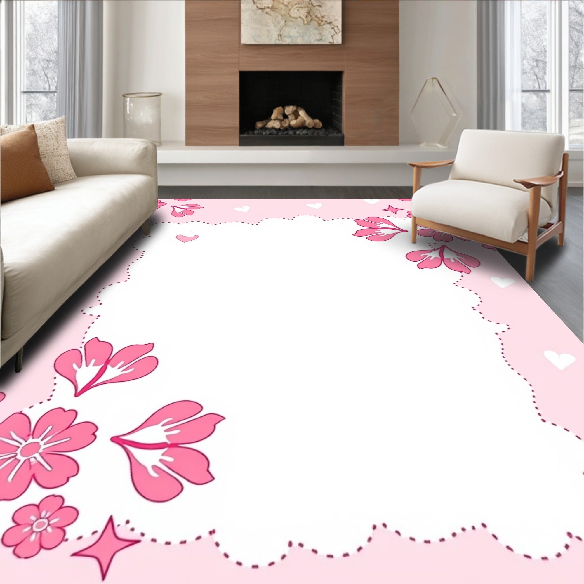 Pink Floral Border with Hearts and Stars Rug