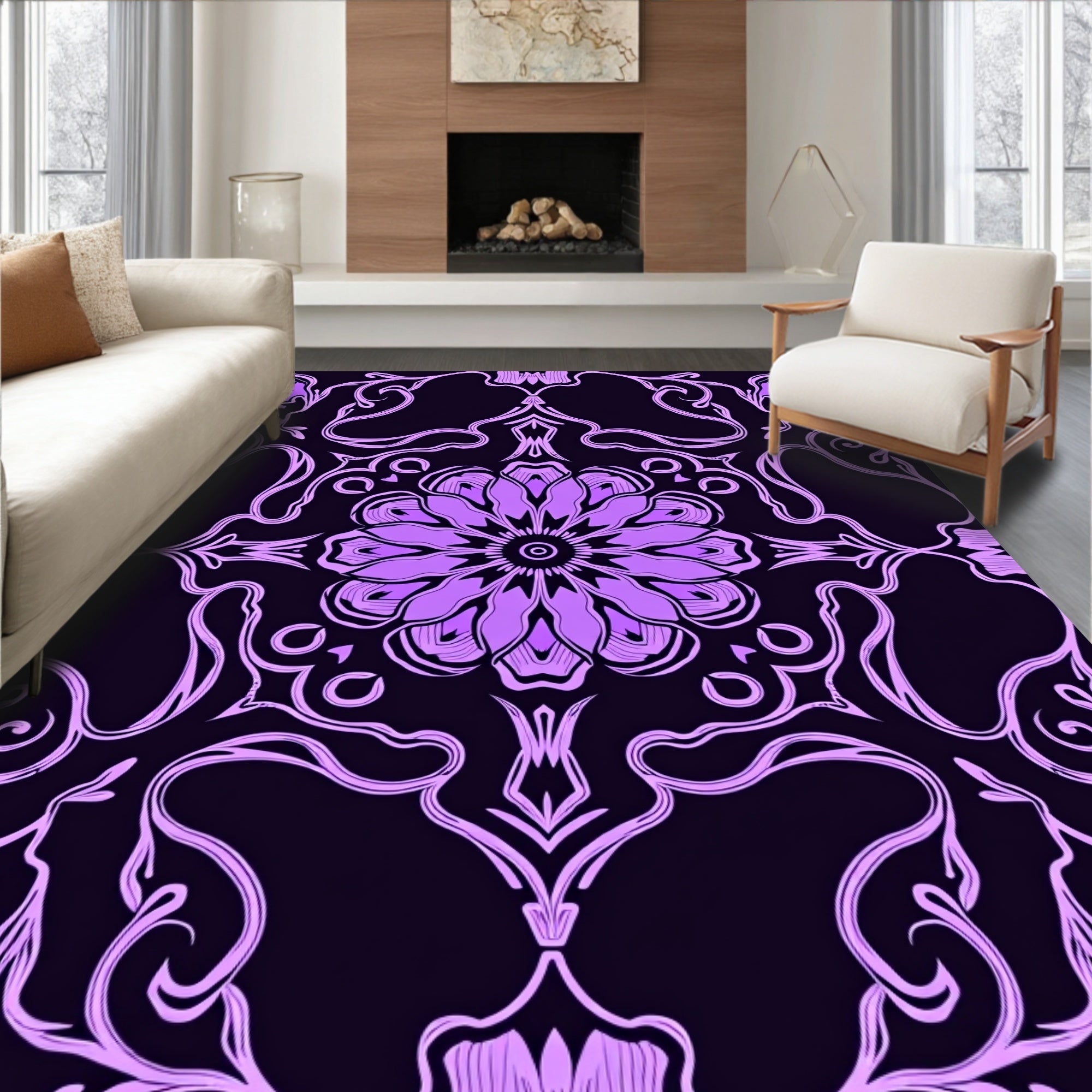 Elegant Lilac Floral Scroll Pattern Design Rug
