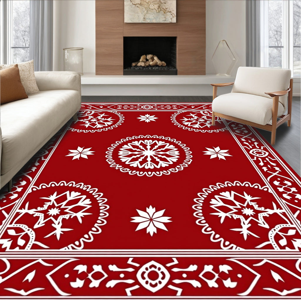Classic Red With White Snowflake Motif Rug