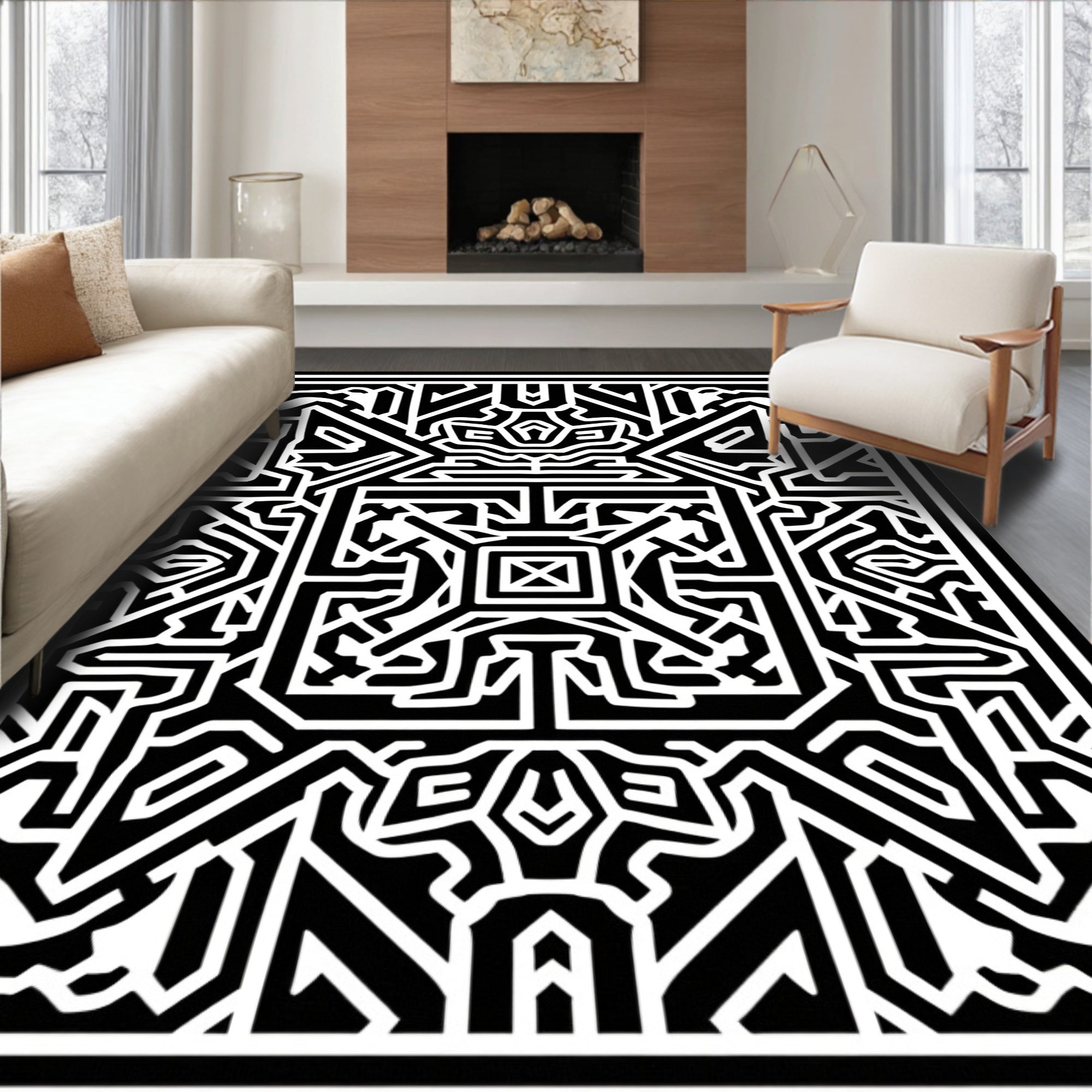 Bold Monochrome Geometric Maze Art Rug