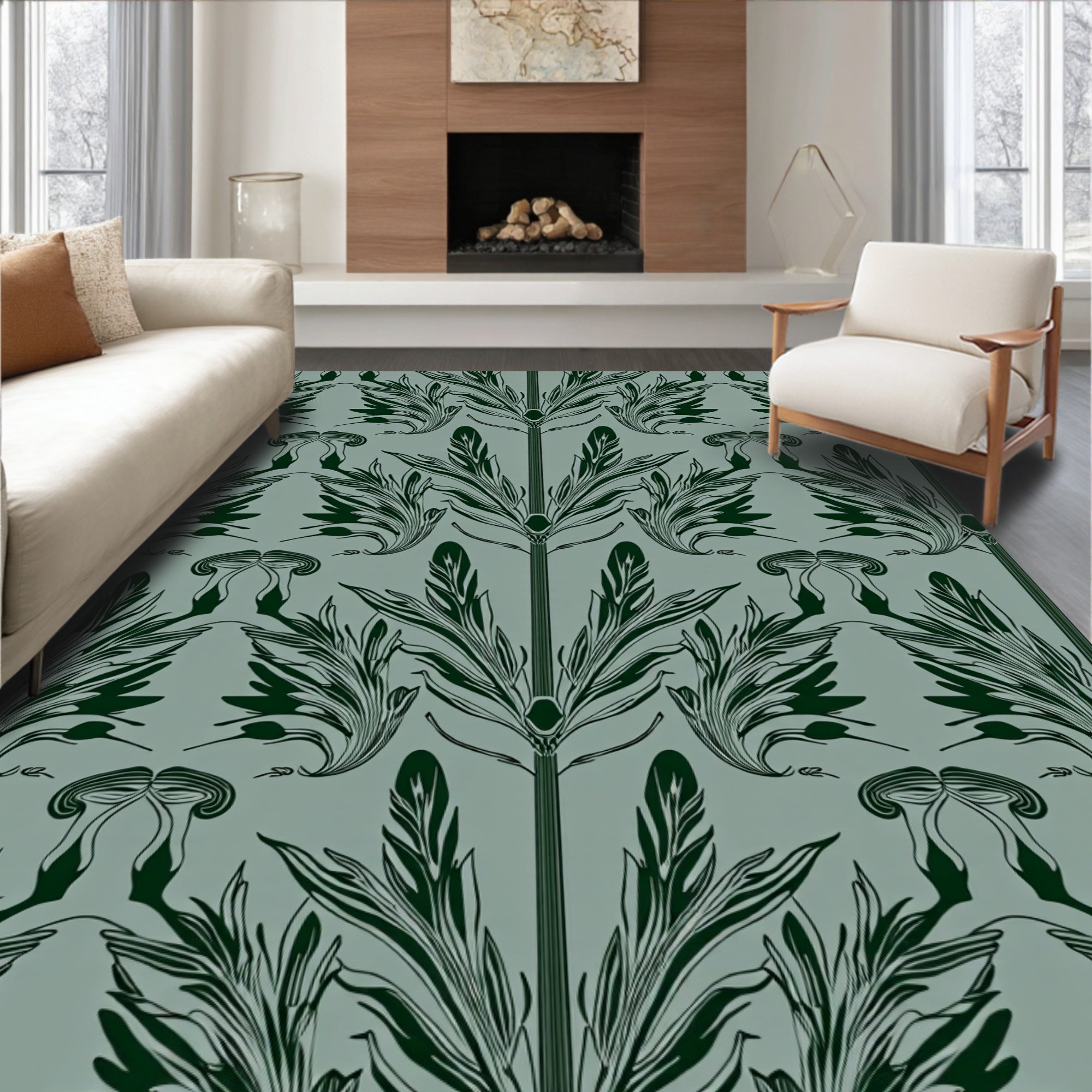 Dark Green Botanical Art Nouveau Pattern Rug