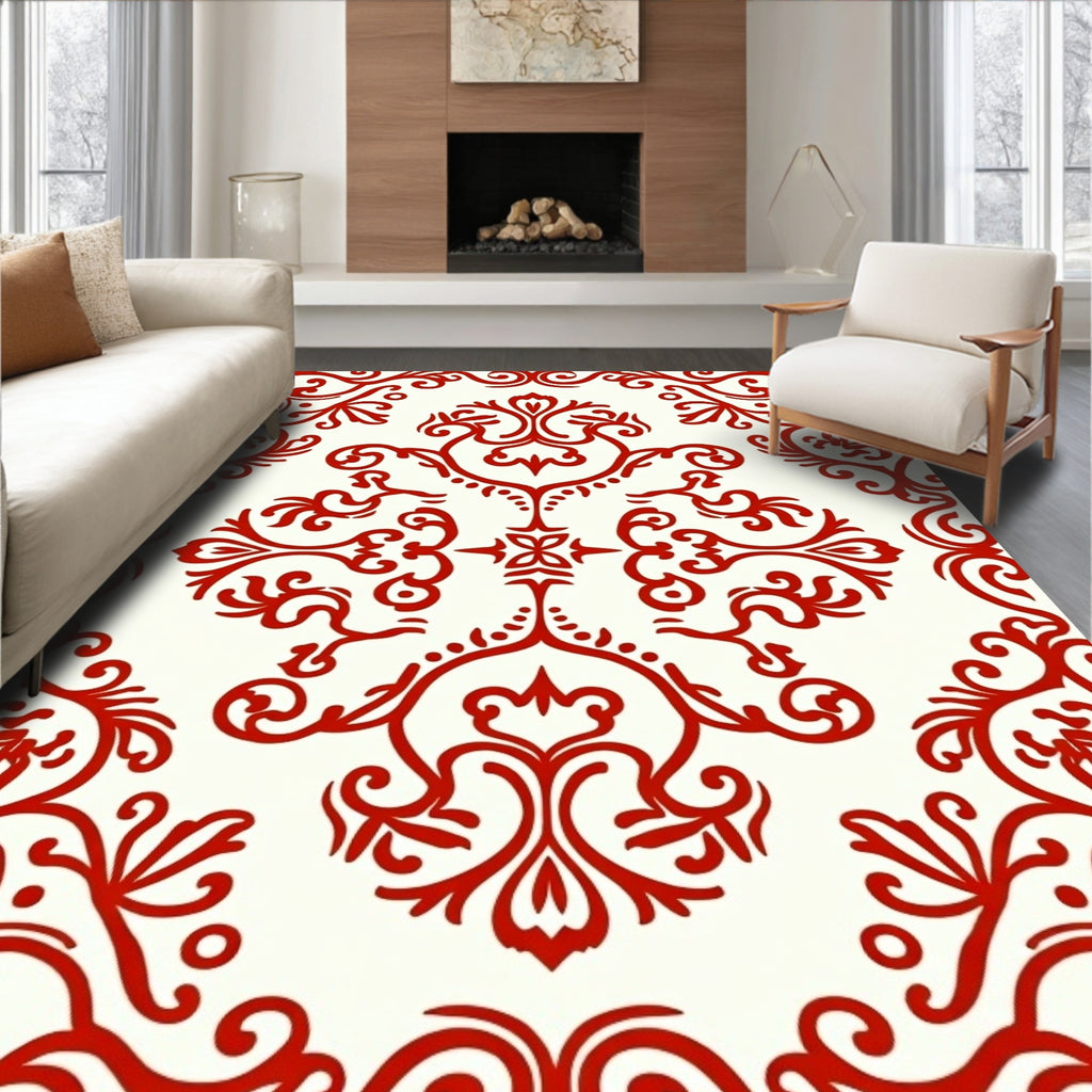 Elegant Red Damask Scroll Pattern Rug