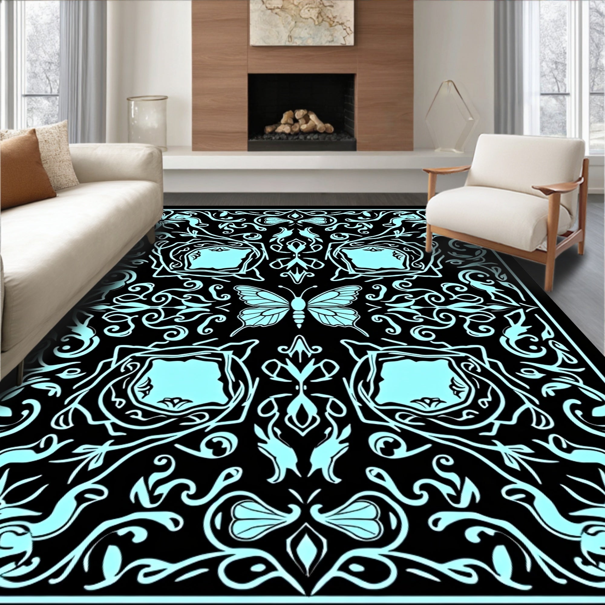 Ornate Butterfly Floral Symmetry Design Rug
