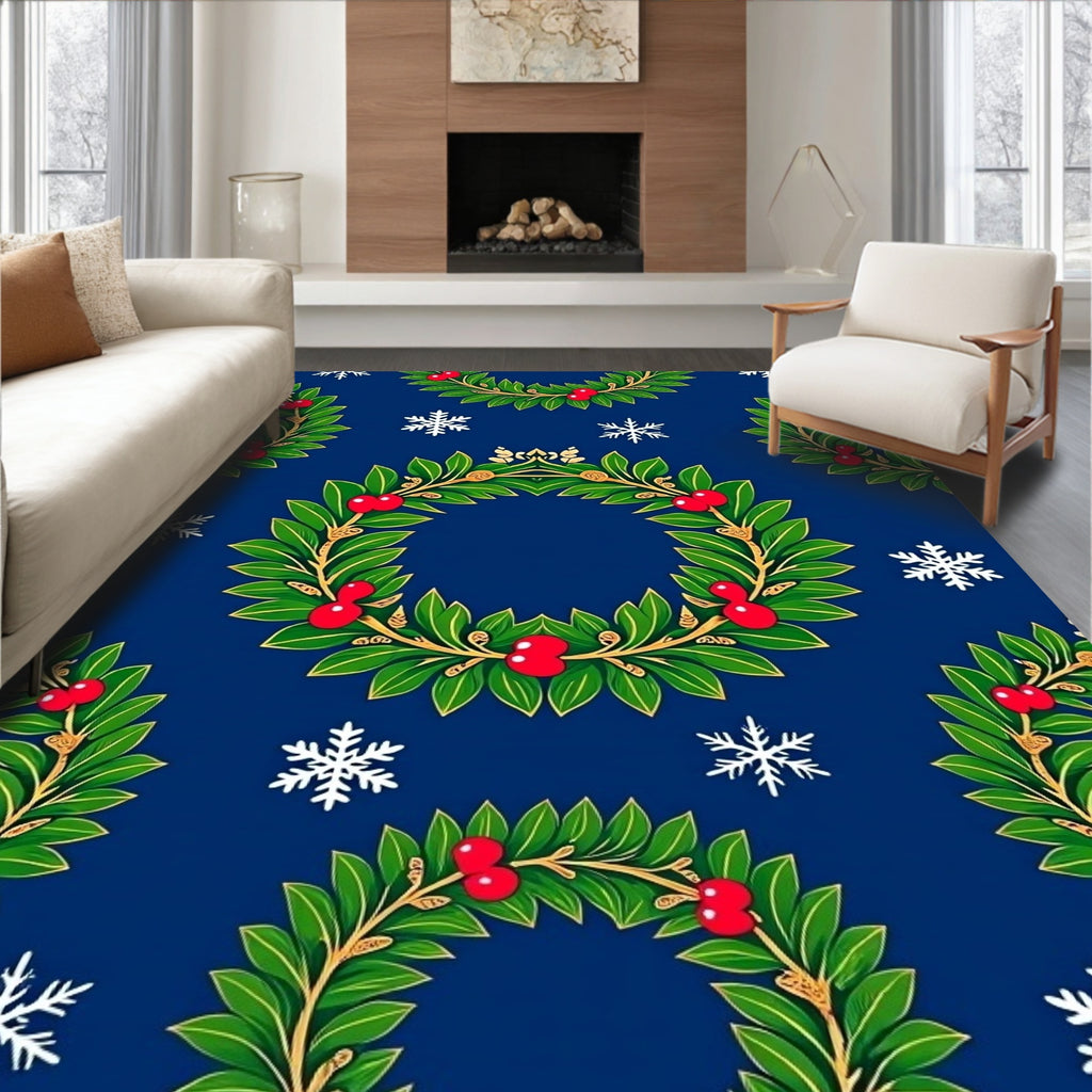 Green Wreaths With Red Berries Snowflake Print Rug