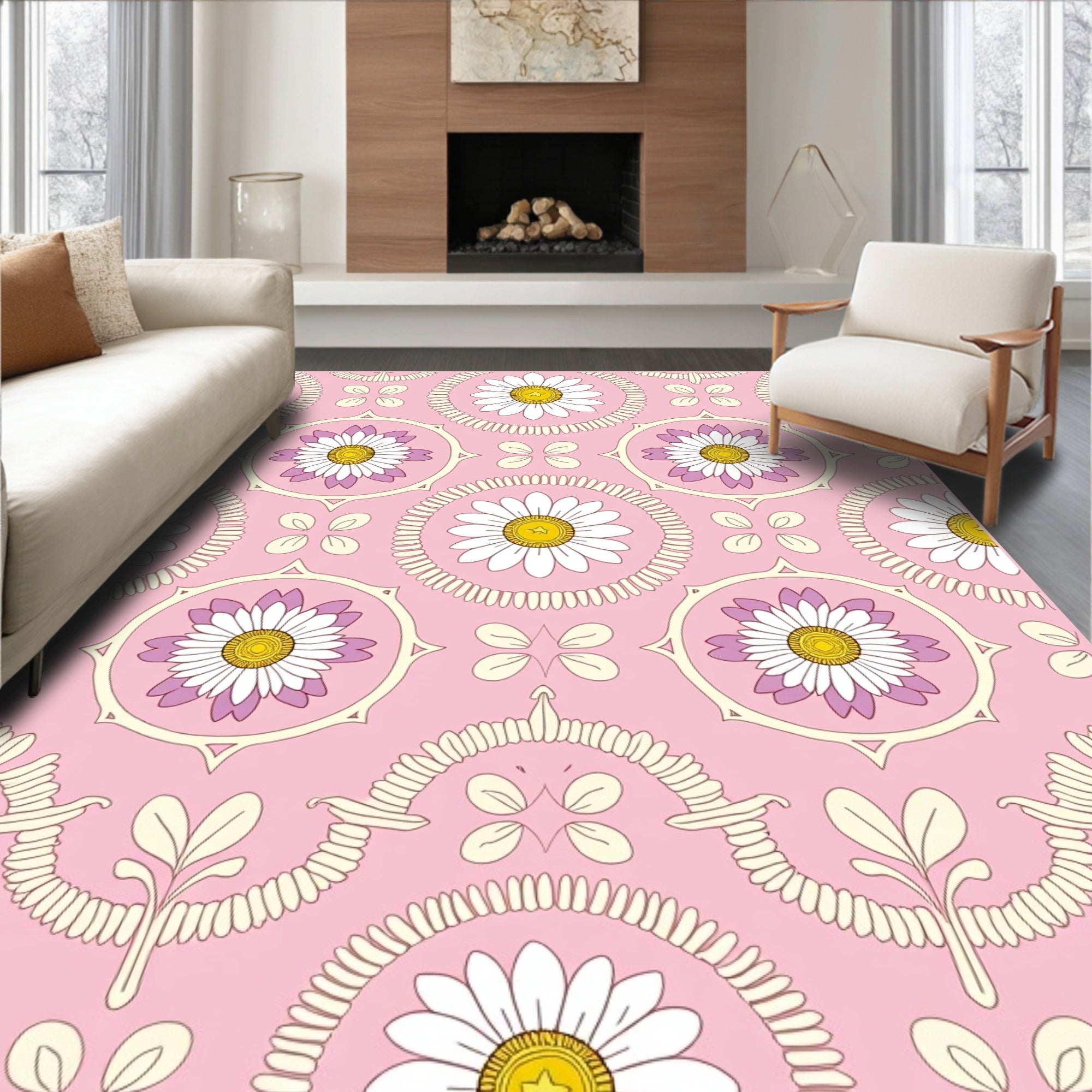 Daisies Delightful Pink Floral Pattern Rug