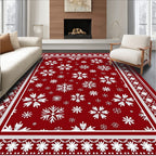 White Snowflake Patterned Red Area Rug