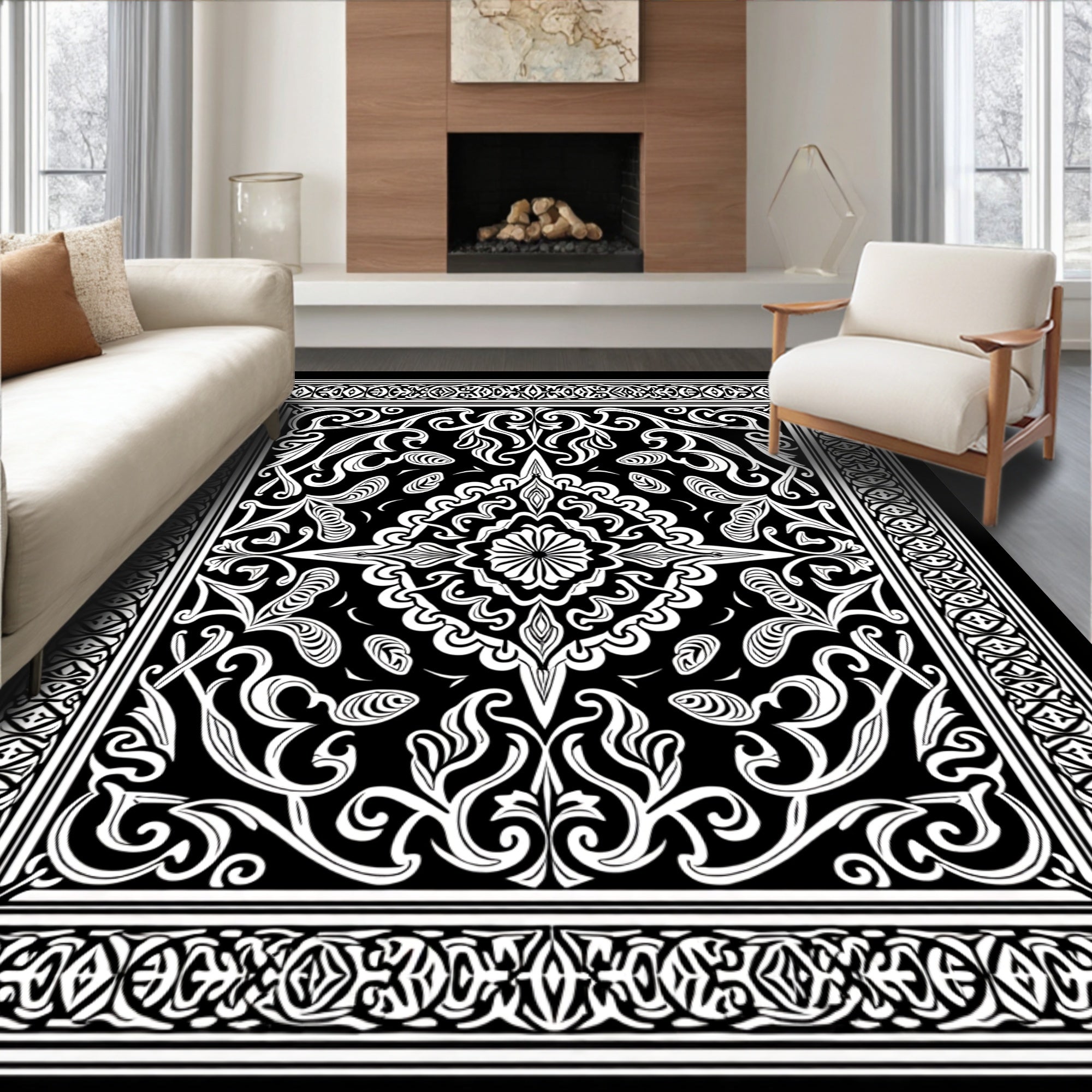 Black and White Intricate Floral Pattern Rug