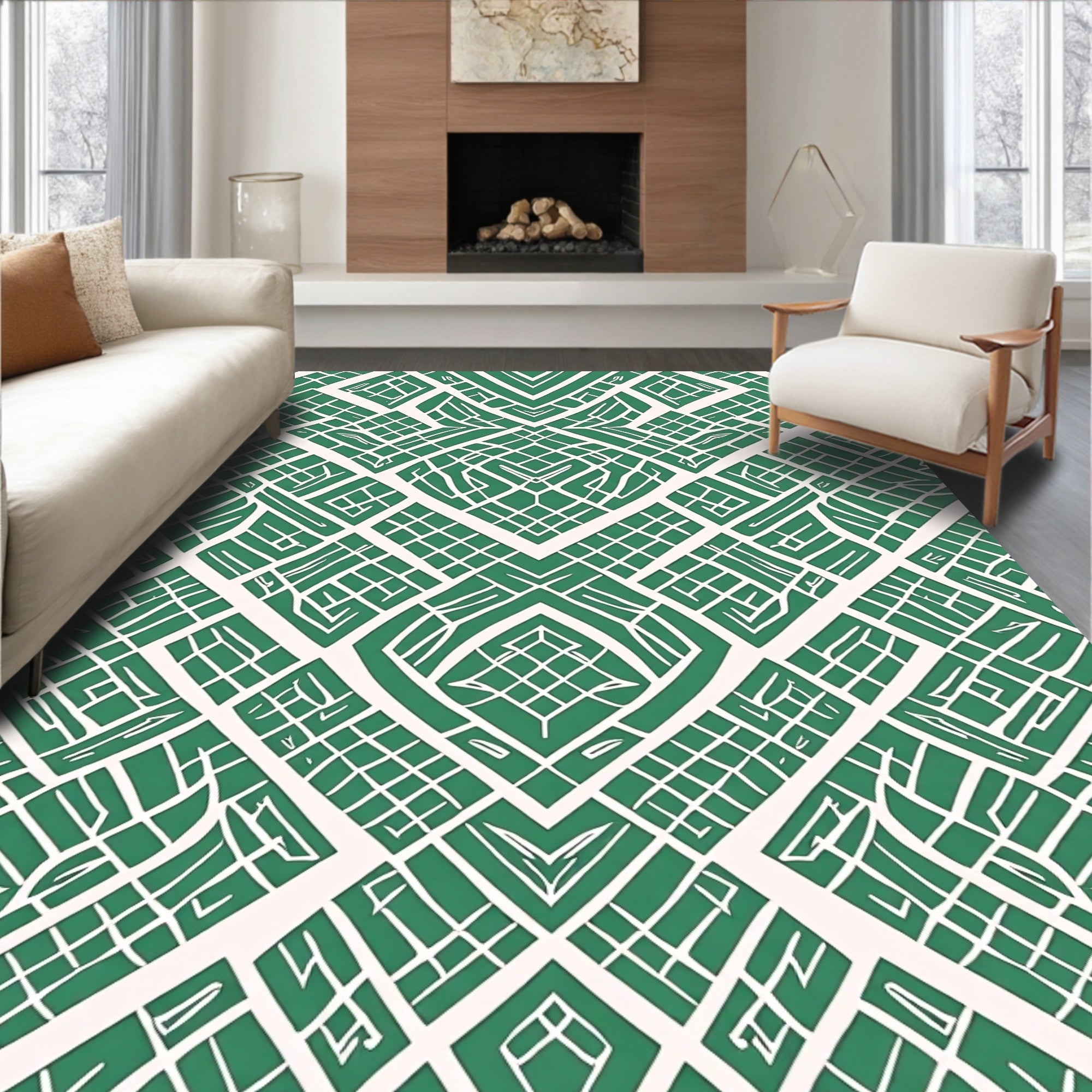 Geometric Green White Labyrinth Pattern Rug