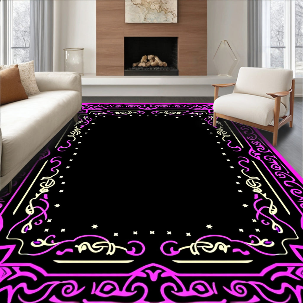 Vibrant Pink Ornate Scrollwork Frame Rug