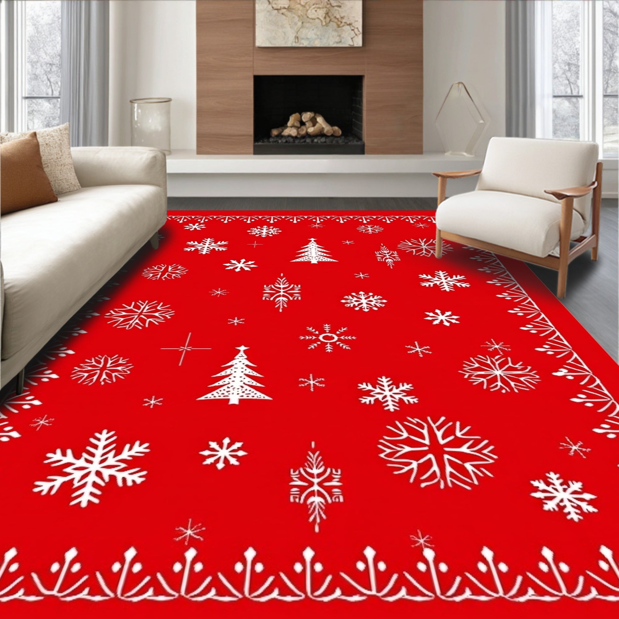 Classic Red Snowflakes Tree Pattern Rug