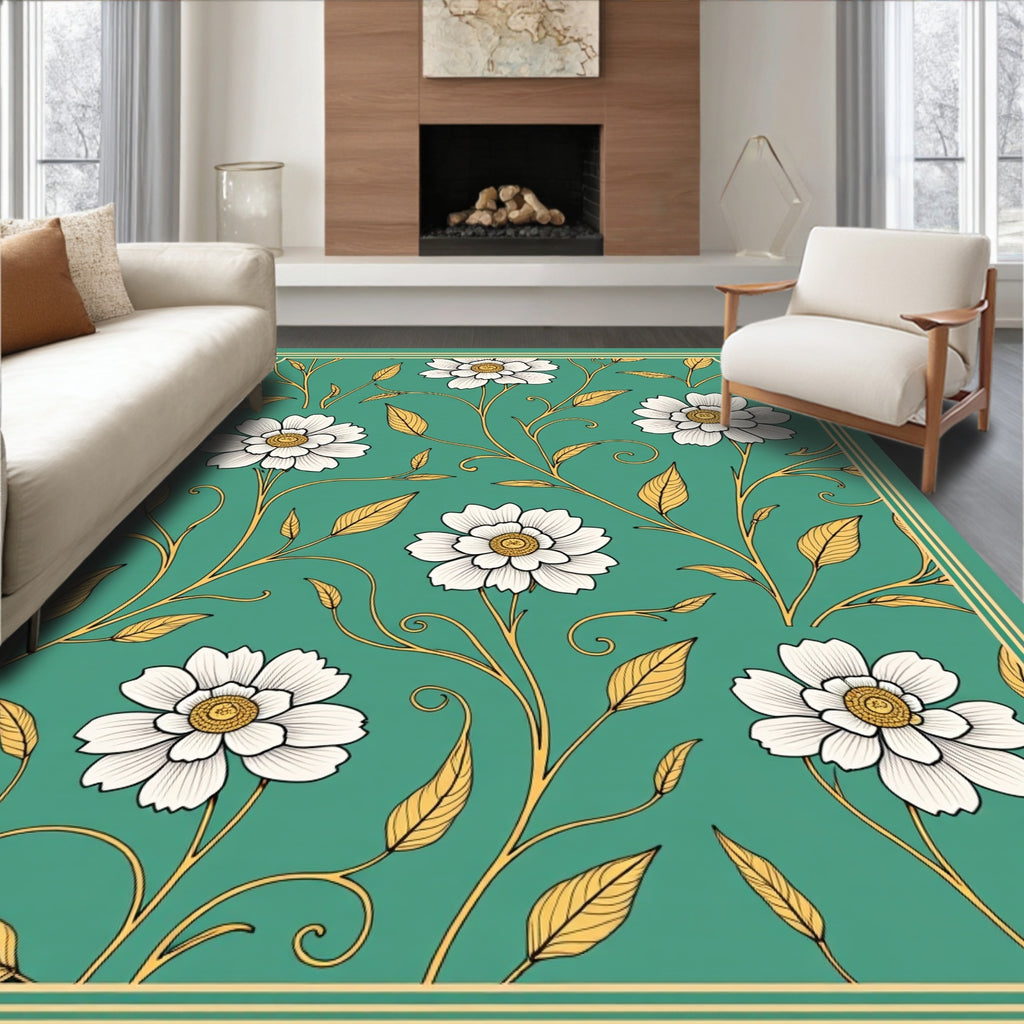 White Floral Vines On Teal Background Rug