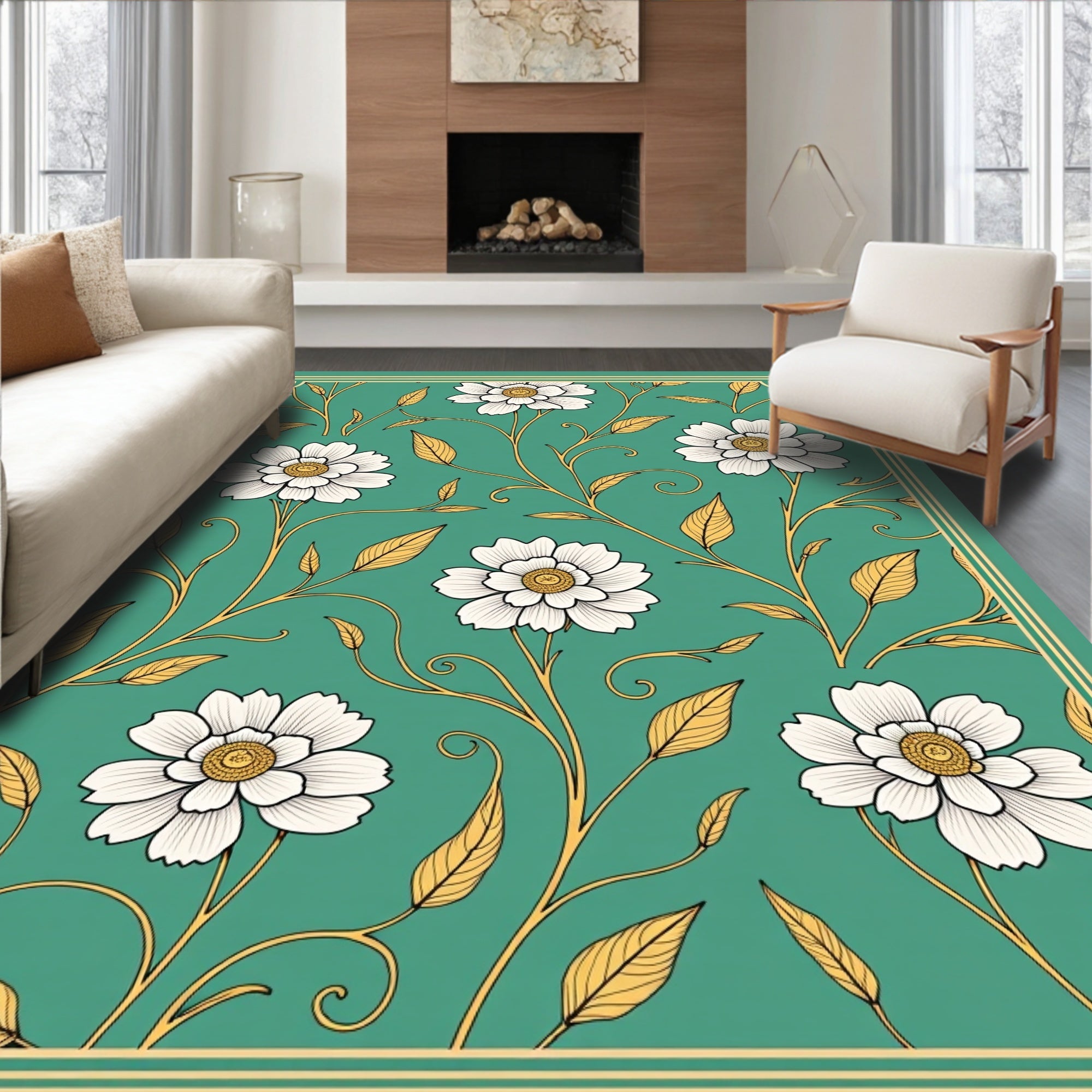 White Floral Vines On Teal Background Rug