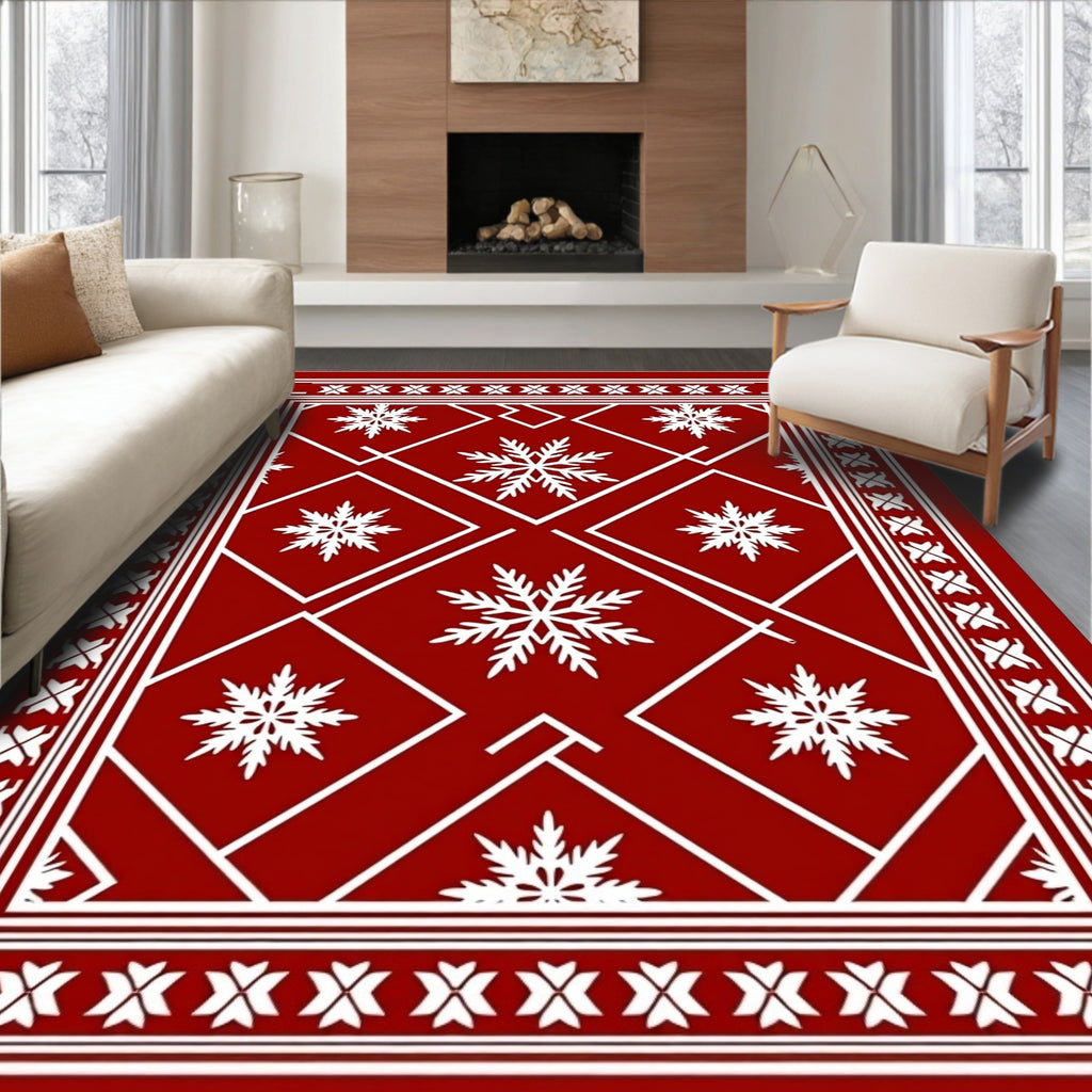 Red White Snowflake Geometric Mandala Rug