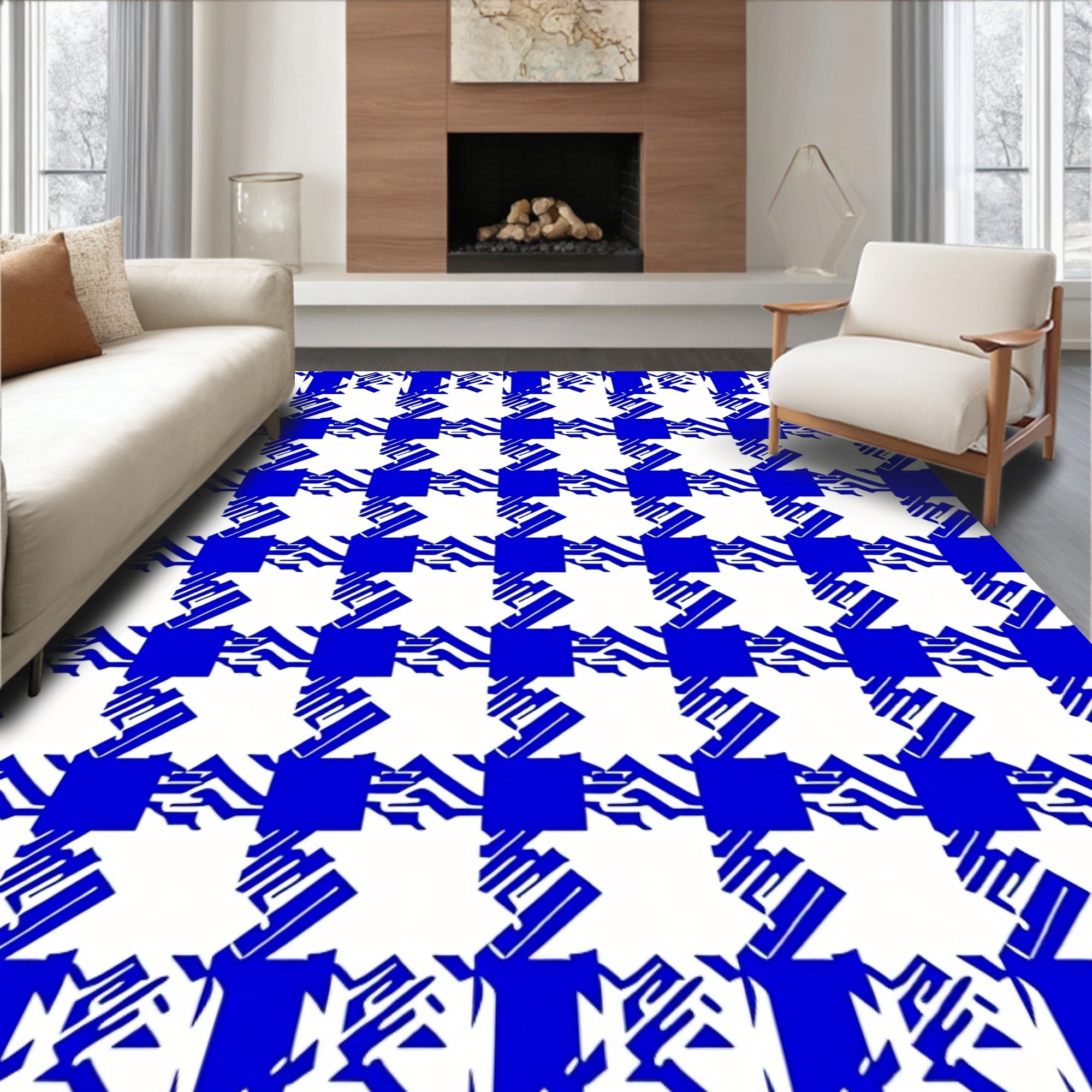 Classic Blue White Houndstooth Design Rug
