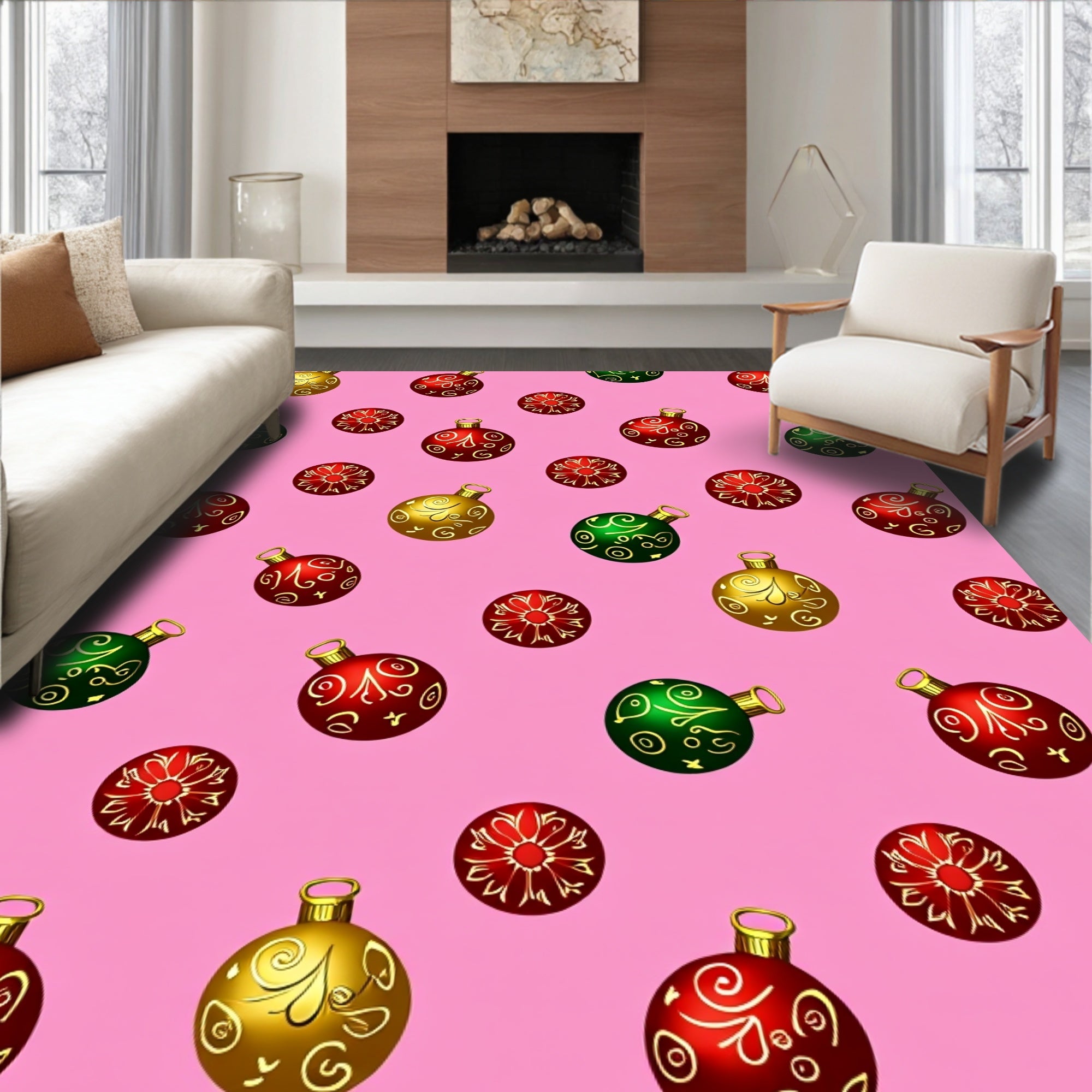 Festive Red Gold Green Ornament Pattern Rug