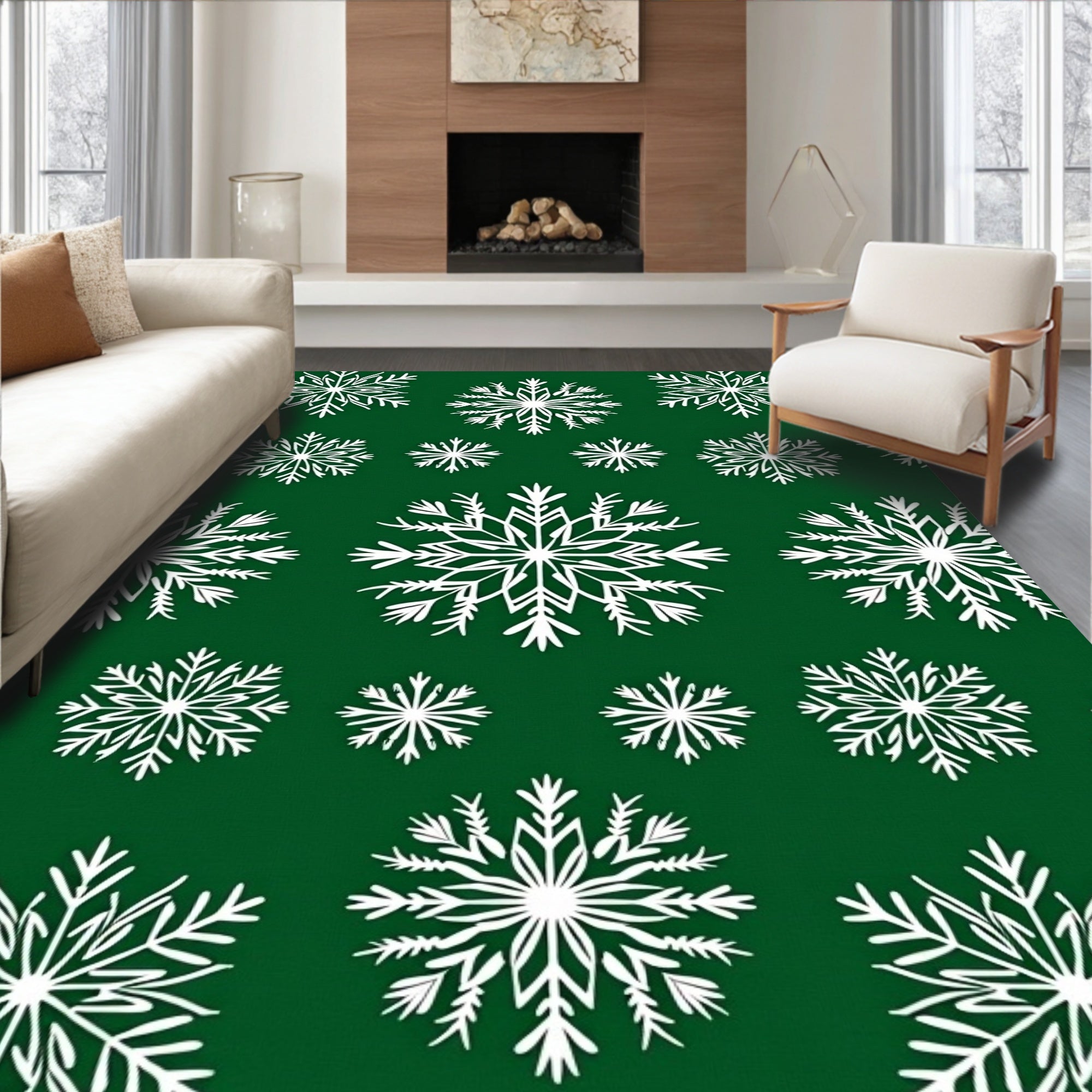 White Snowflakes On Green Background Rug