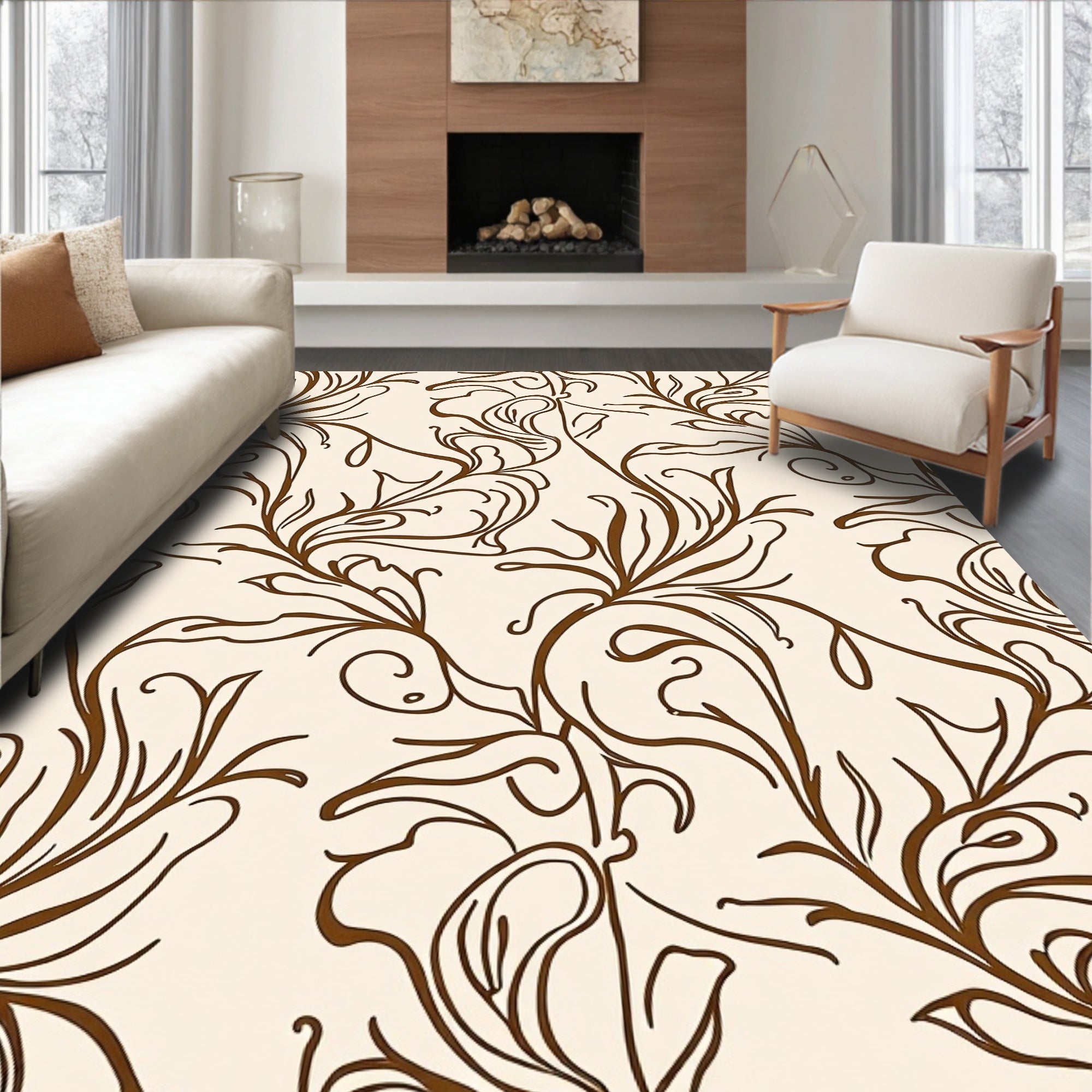 Elegant Brown Swirl Floral Pattern Rug