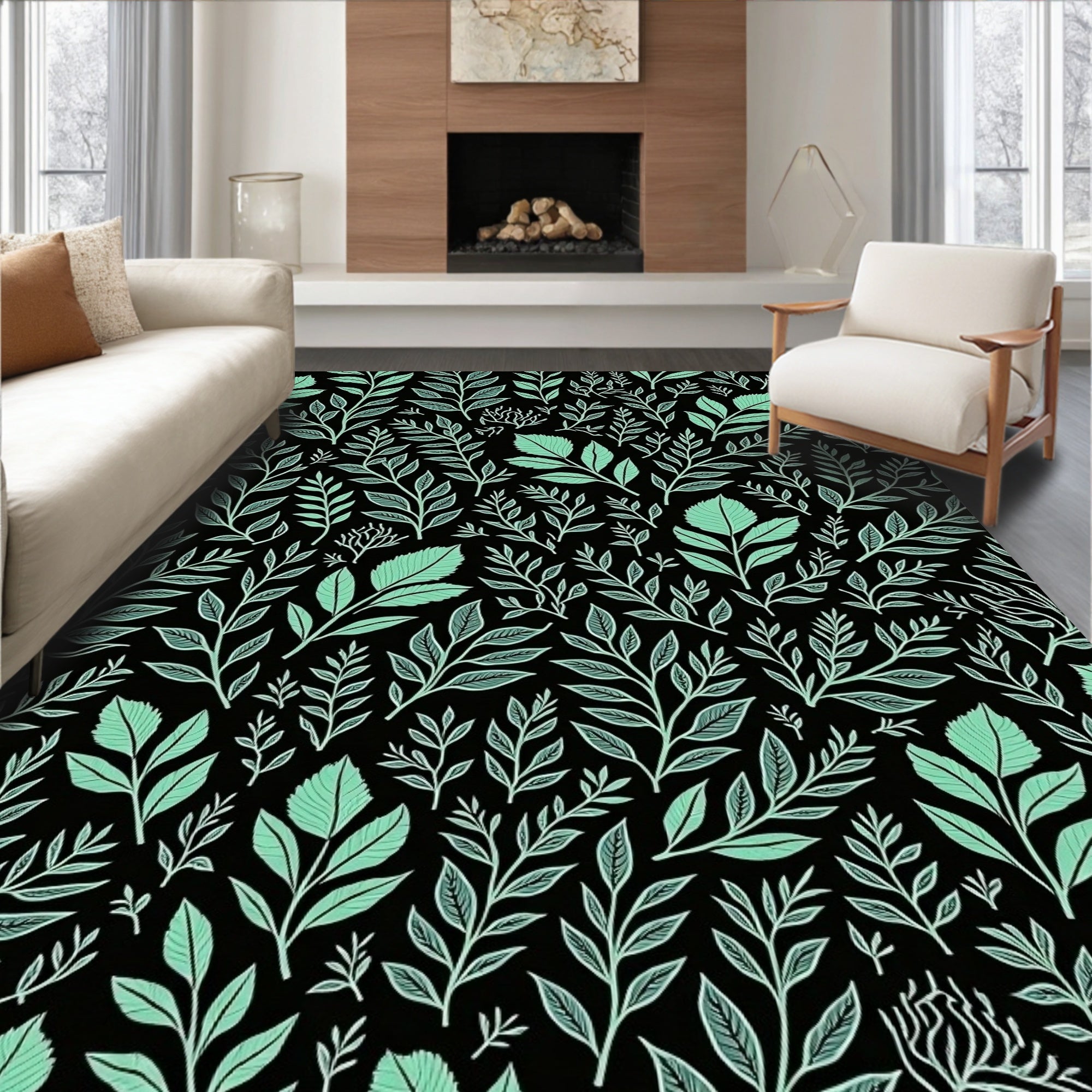 Elegant Mint Leaf Black Pattern Design Rug