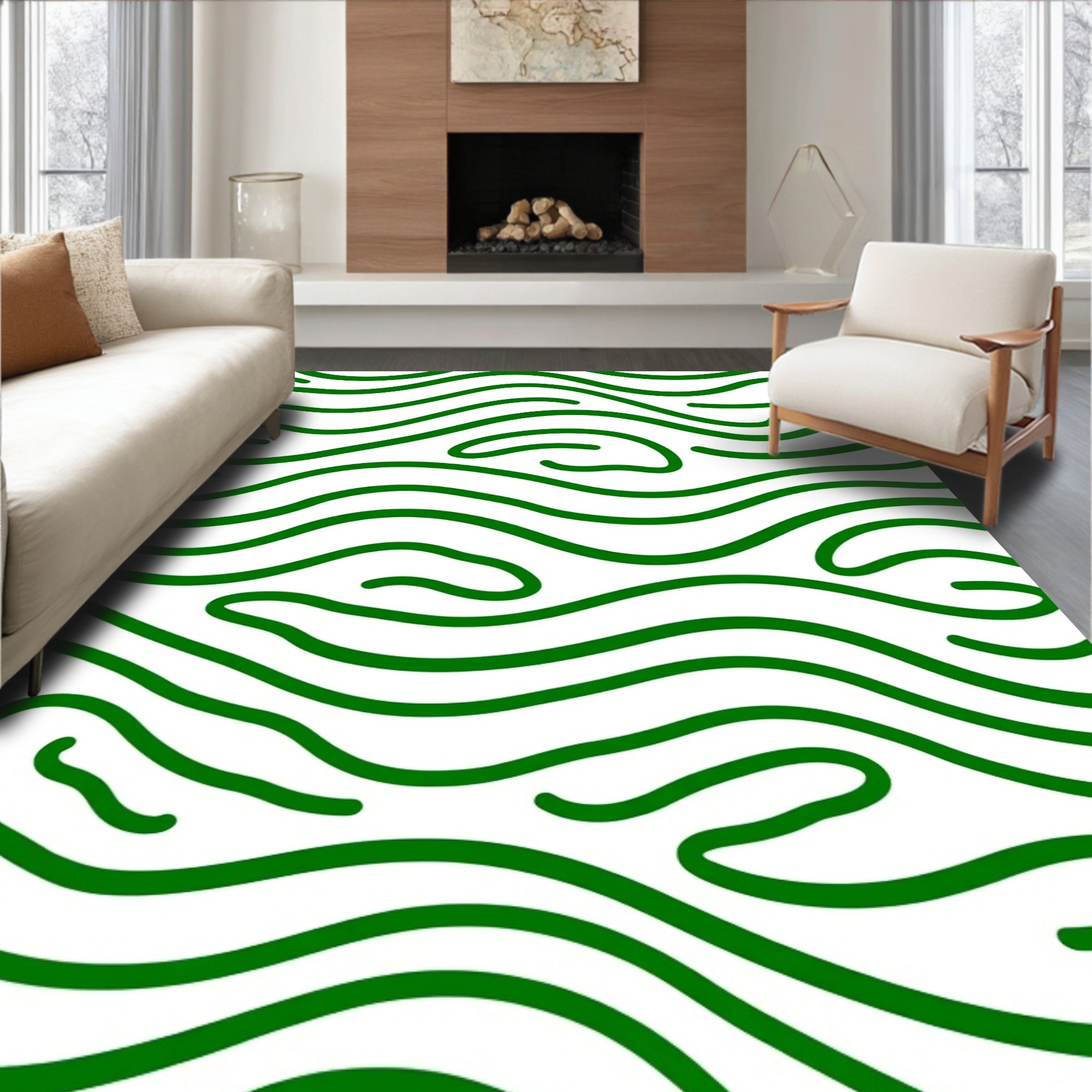 Bold Green Wavy Lines Pattern Rug