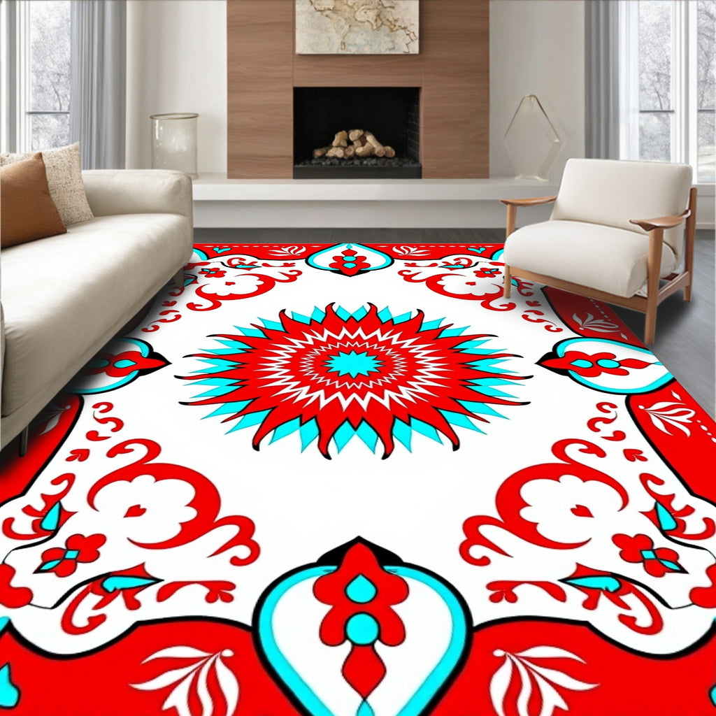 Bold Red Teal Floral Medallion Design Rug