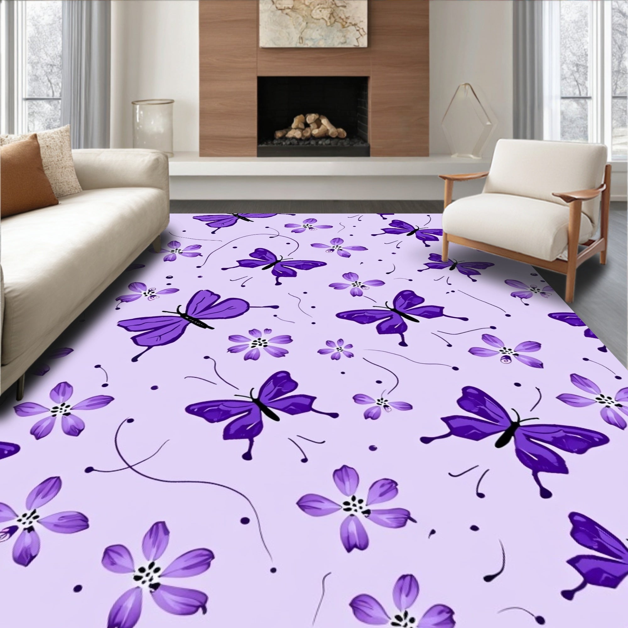 Purple Butterfly and Floral Pattern Rug