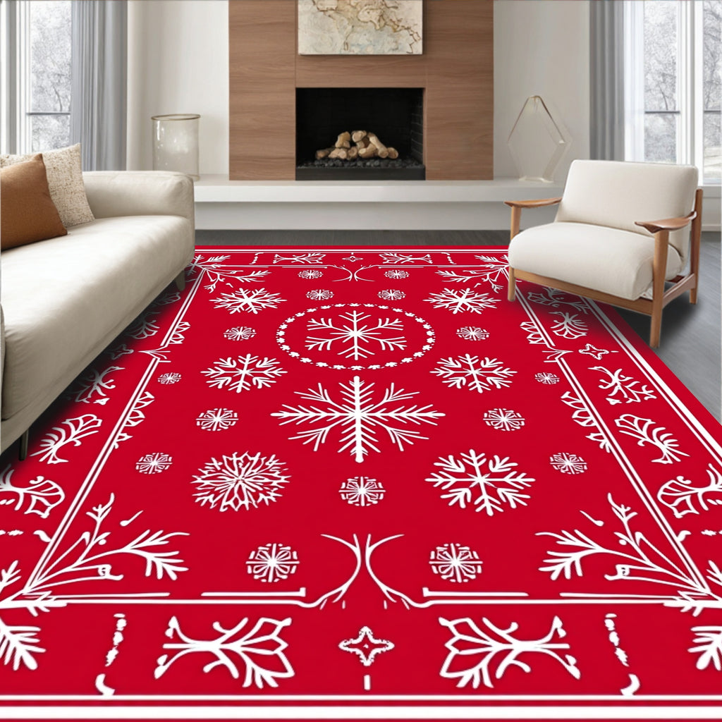 Red White Snowflake Pattern Rug