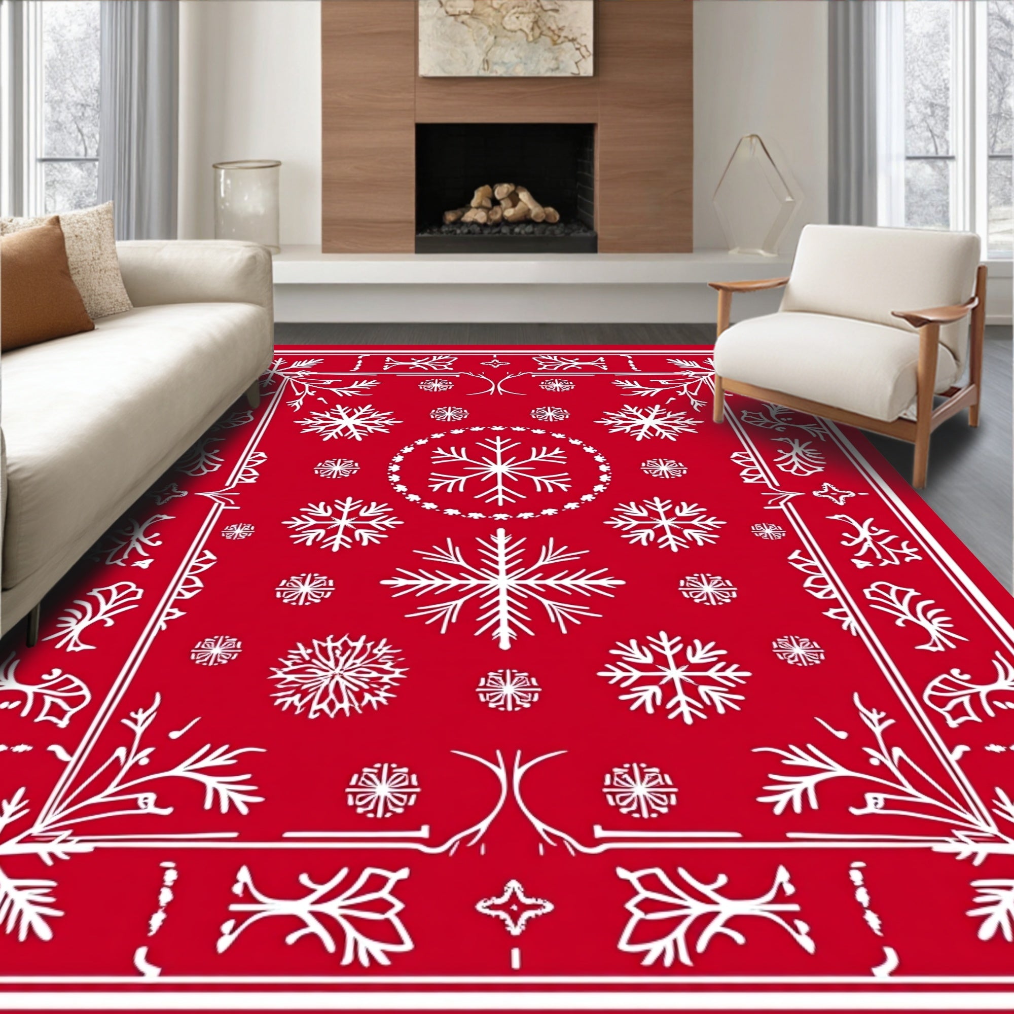 Red White Snowflake Pattern Rug