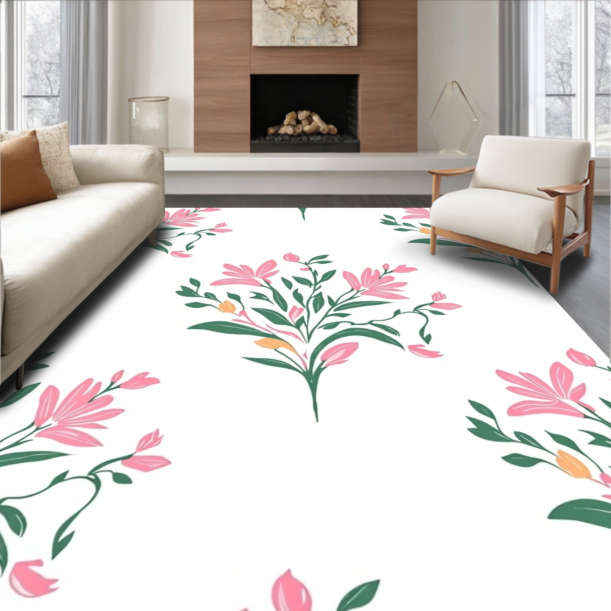 Soft Pink Floral Branches Pattern Rug