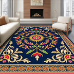 Ornate Floral Medallion Navy Rug