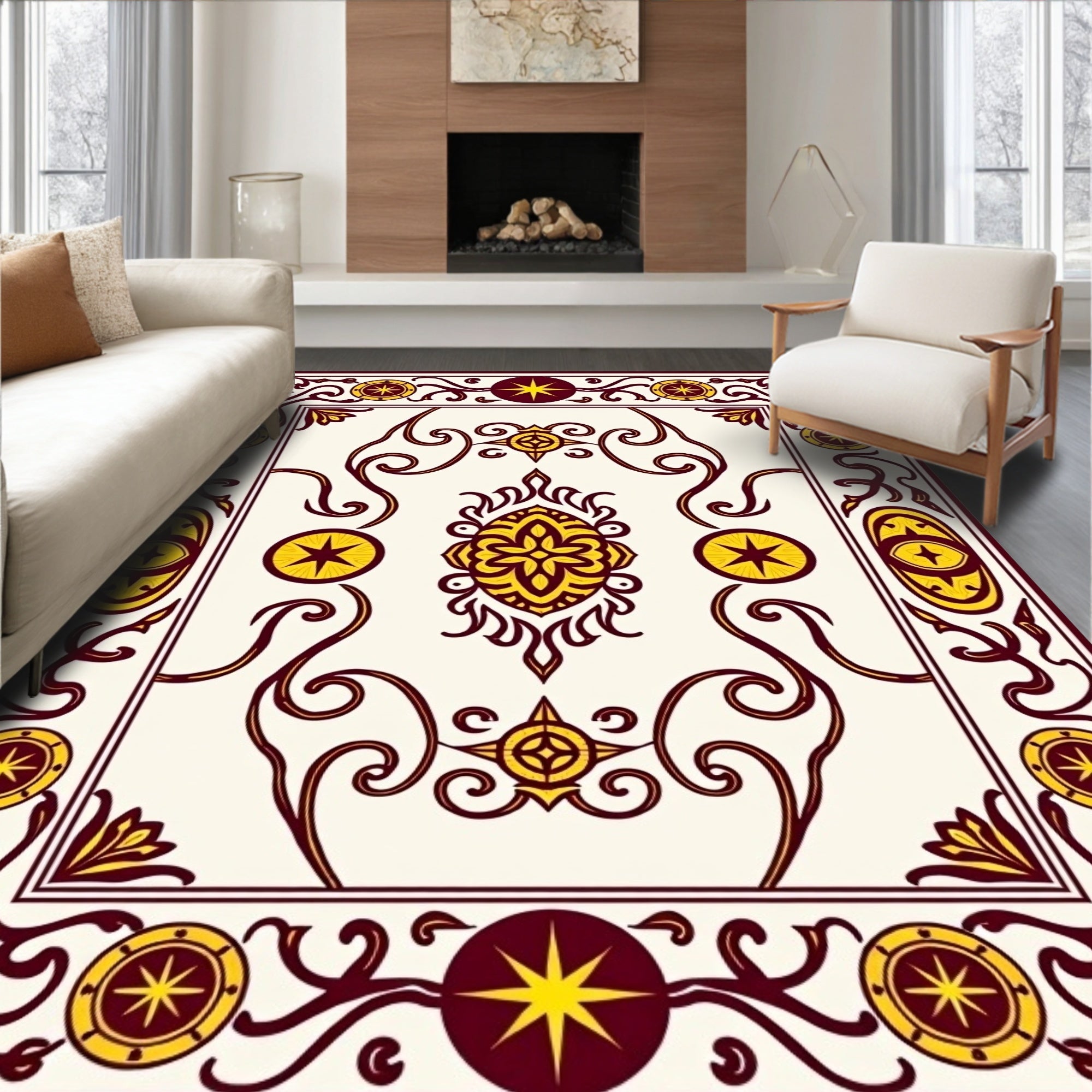 Ornate Scrollwork Star Medallion Pattern Rug