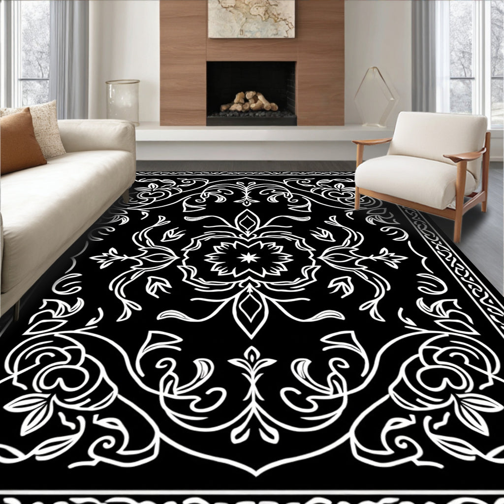 Monochromatic Ornate Floral Scroll Pattern Rug