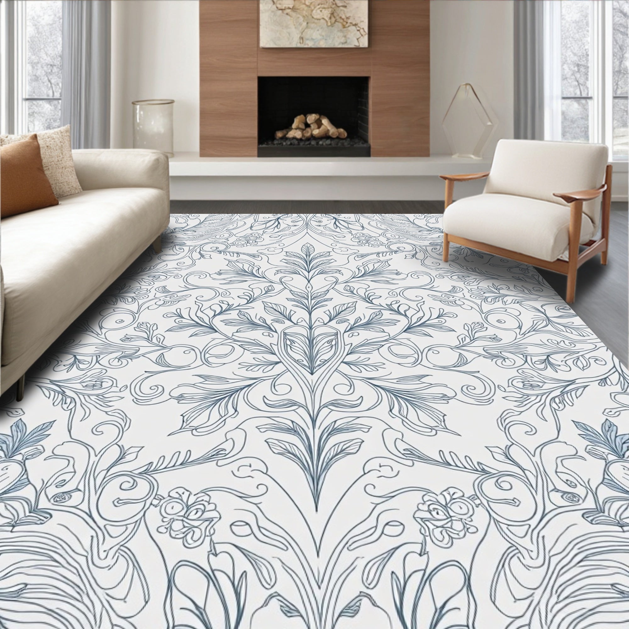 Elaborate Blue Floral Scroll Design Rug