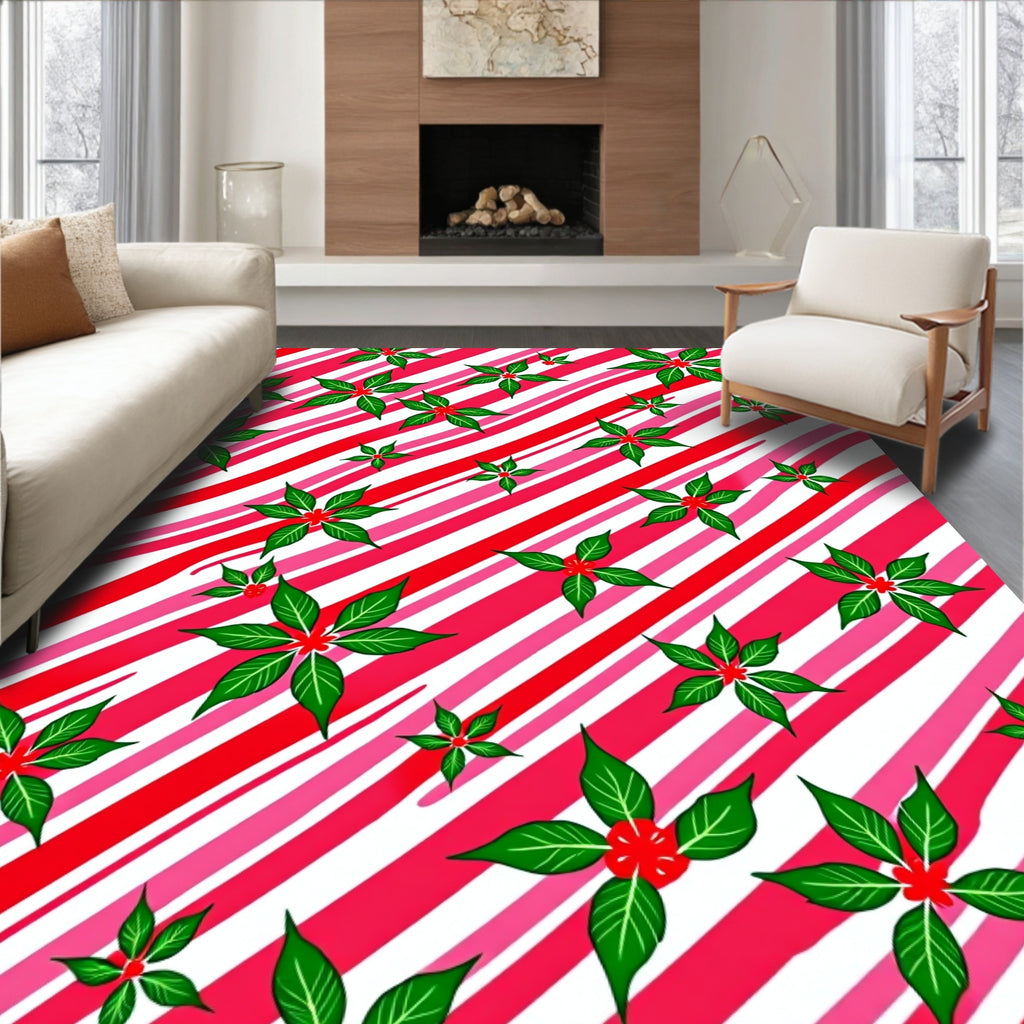 Holiday Red Green Poinsettia Candy Cane Stripes Rug