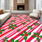 Holiday Red Green Poinsettia Candy Cane Stripes Rug