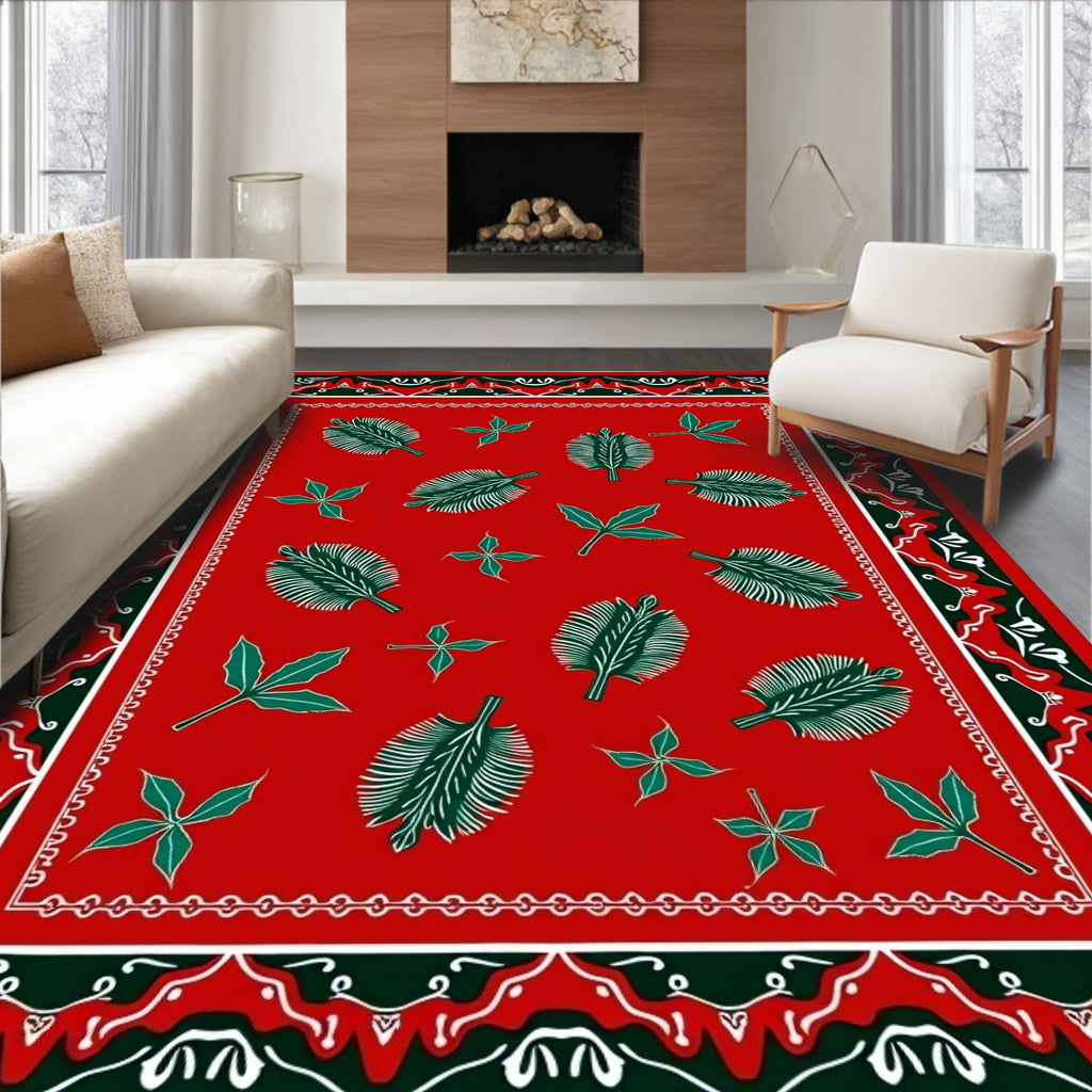 Bold Red Green Leaf Border Rug