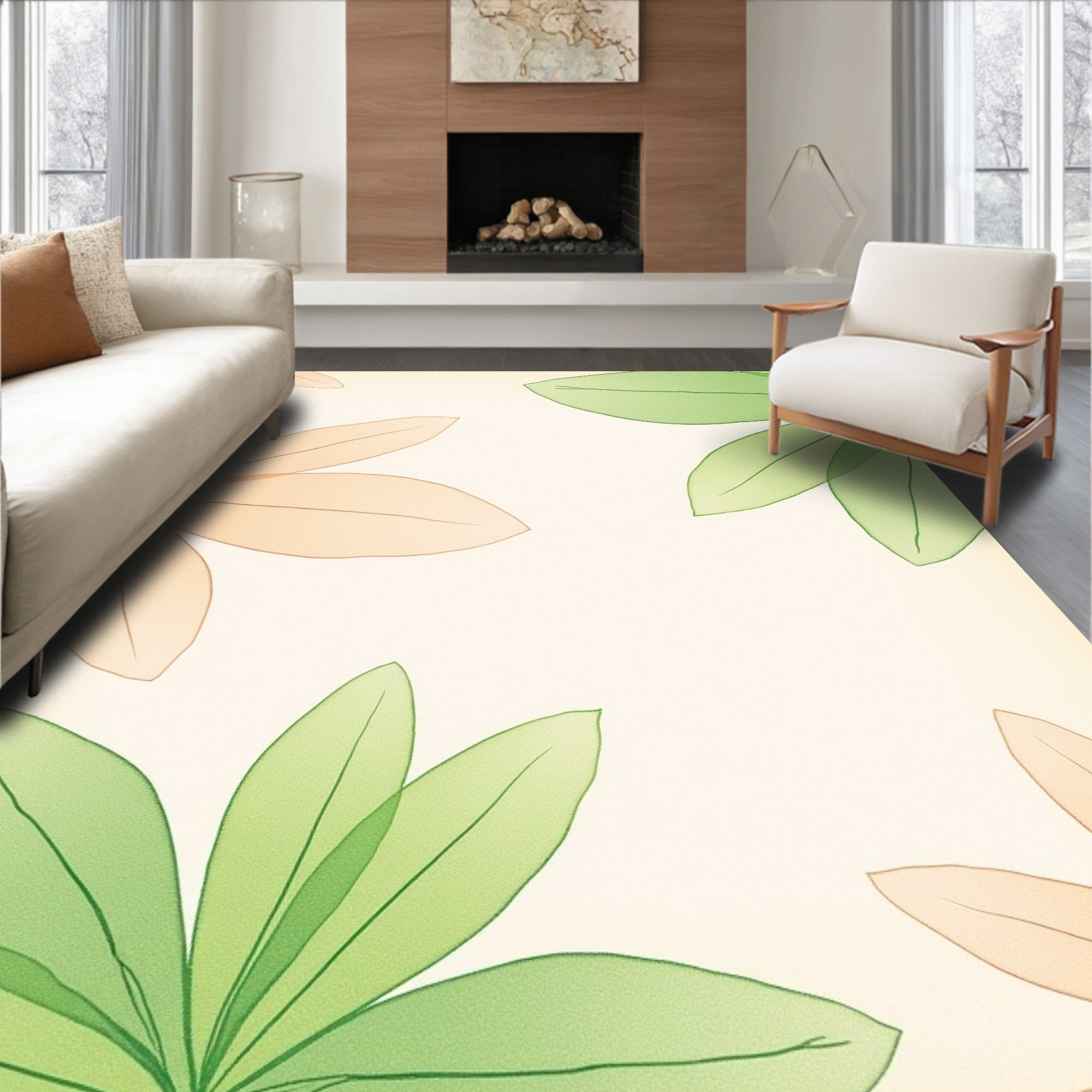 Soft Peach Green Leaf Outline Rug