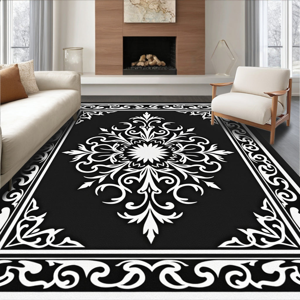 Black White Elaborate Floral Medallion Rug