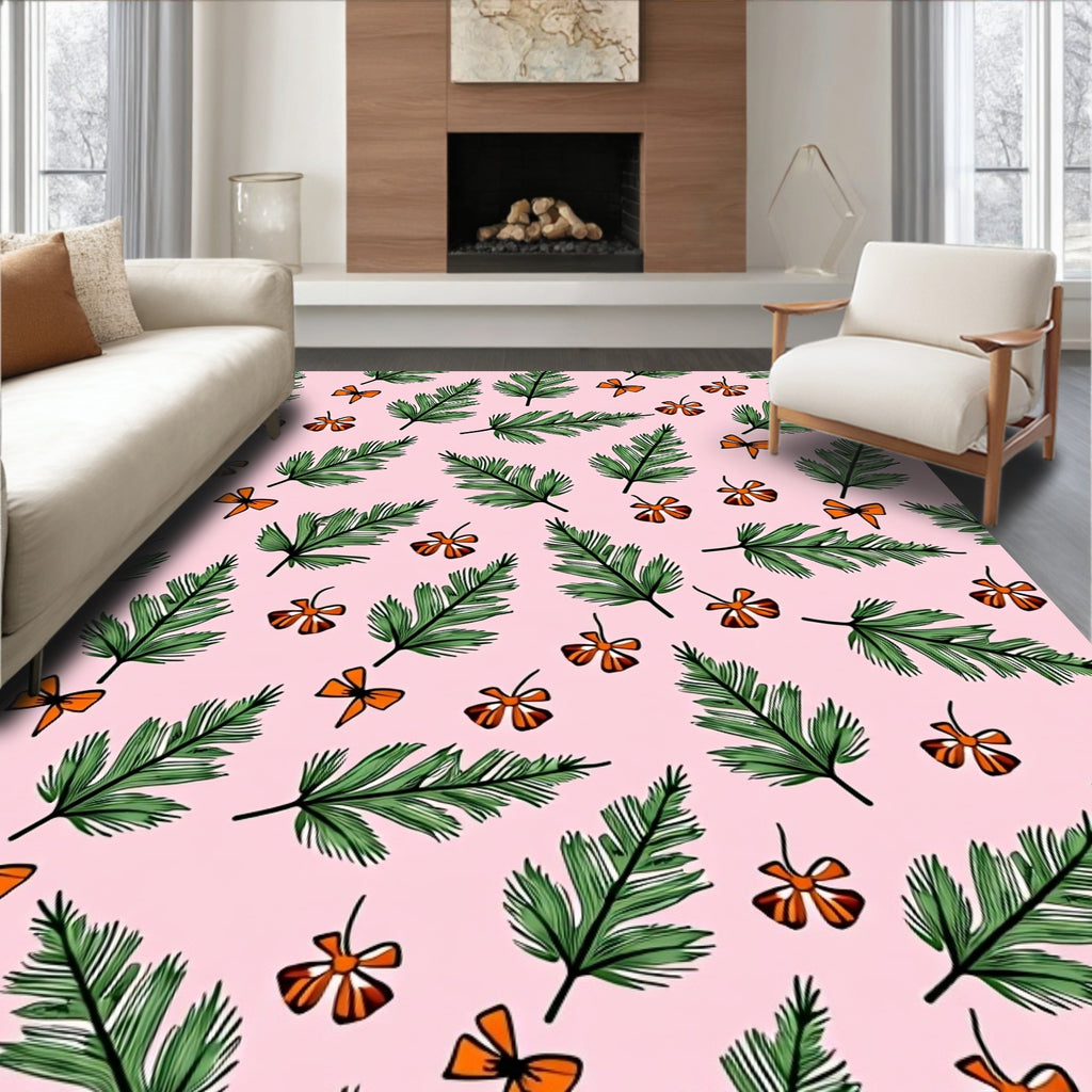 Green Pine Sprig and Orange Blossom Pattern Rug