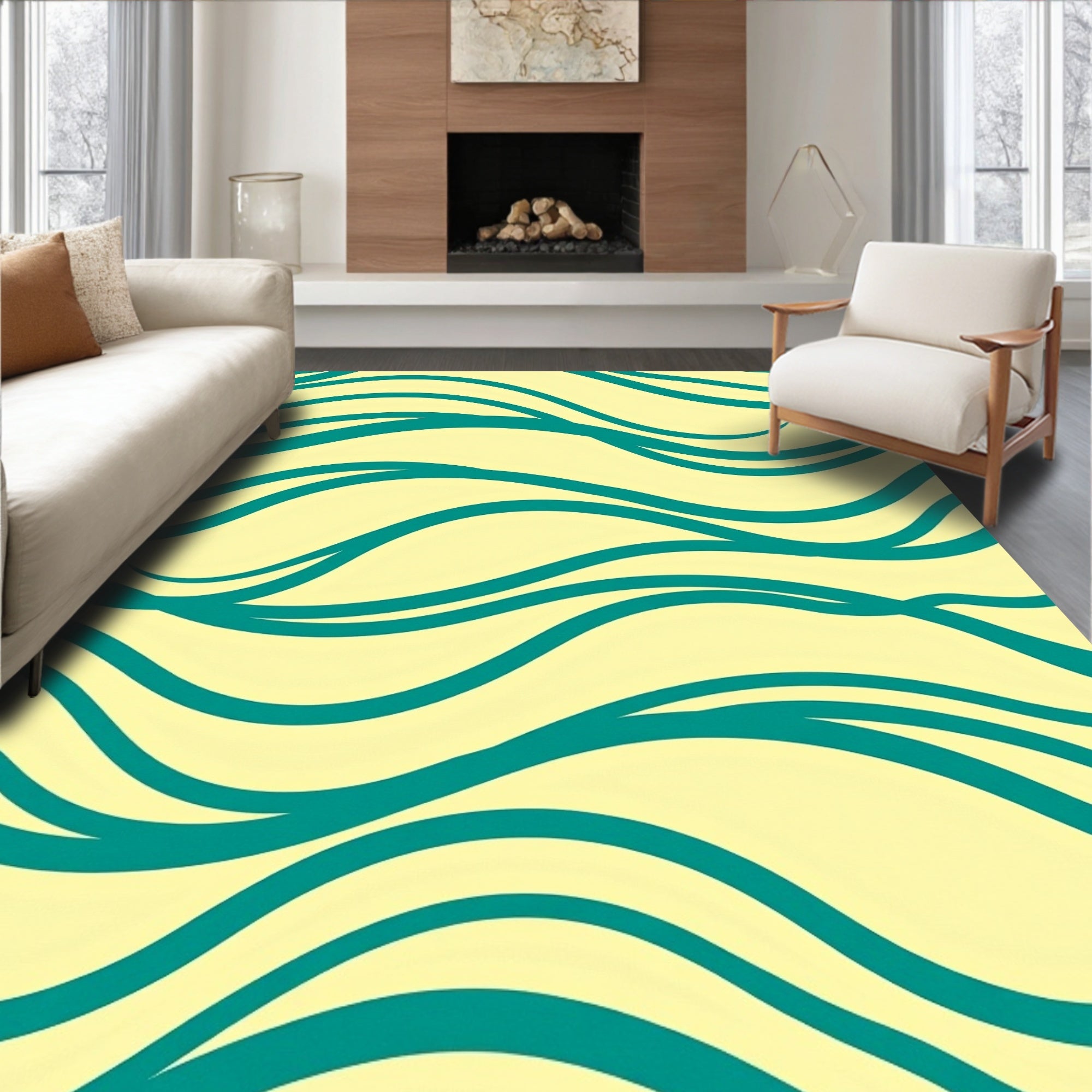 Teal Waves On Pale Yellow Rug