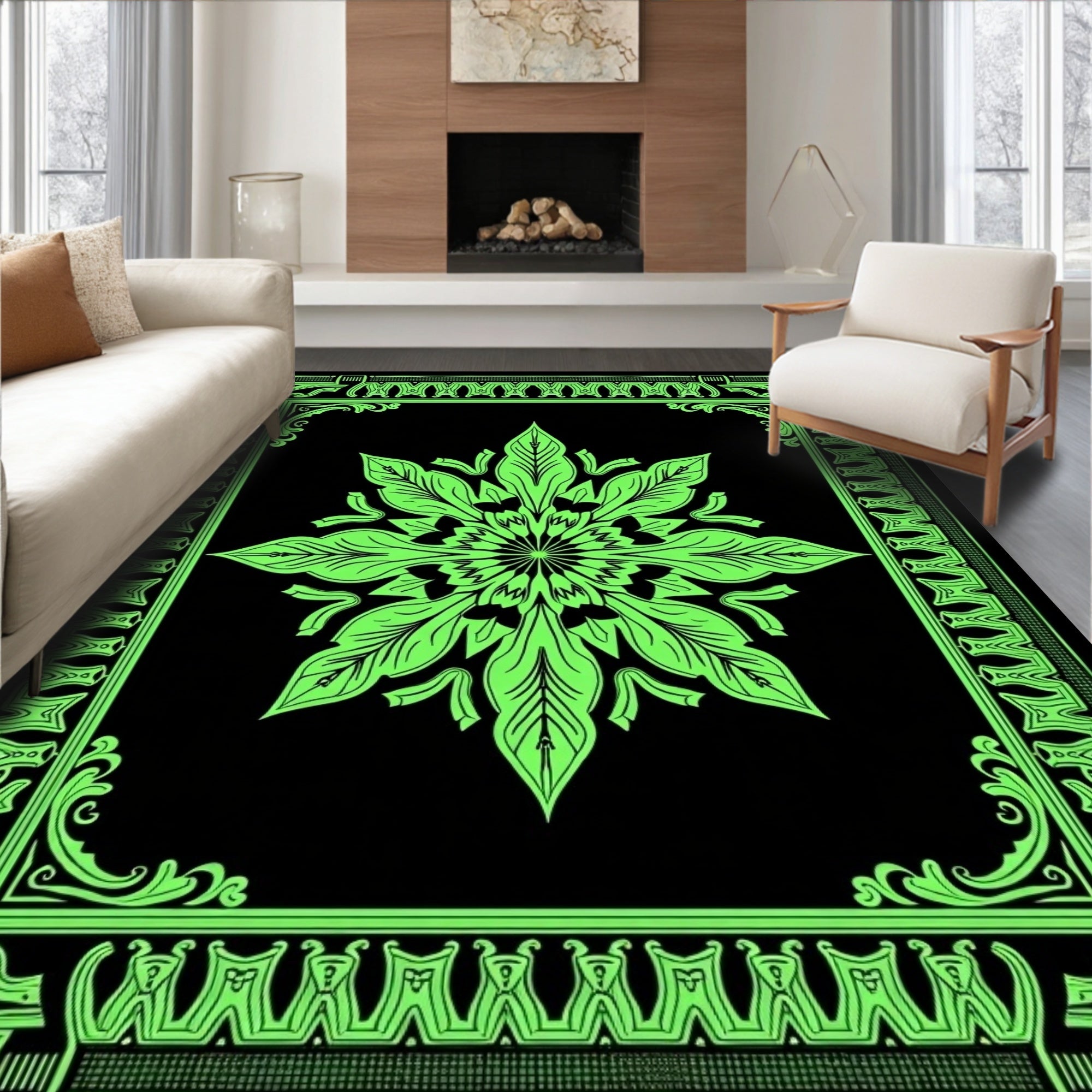Vibrant Neon Green Floral Mandala Border Rug