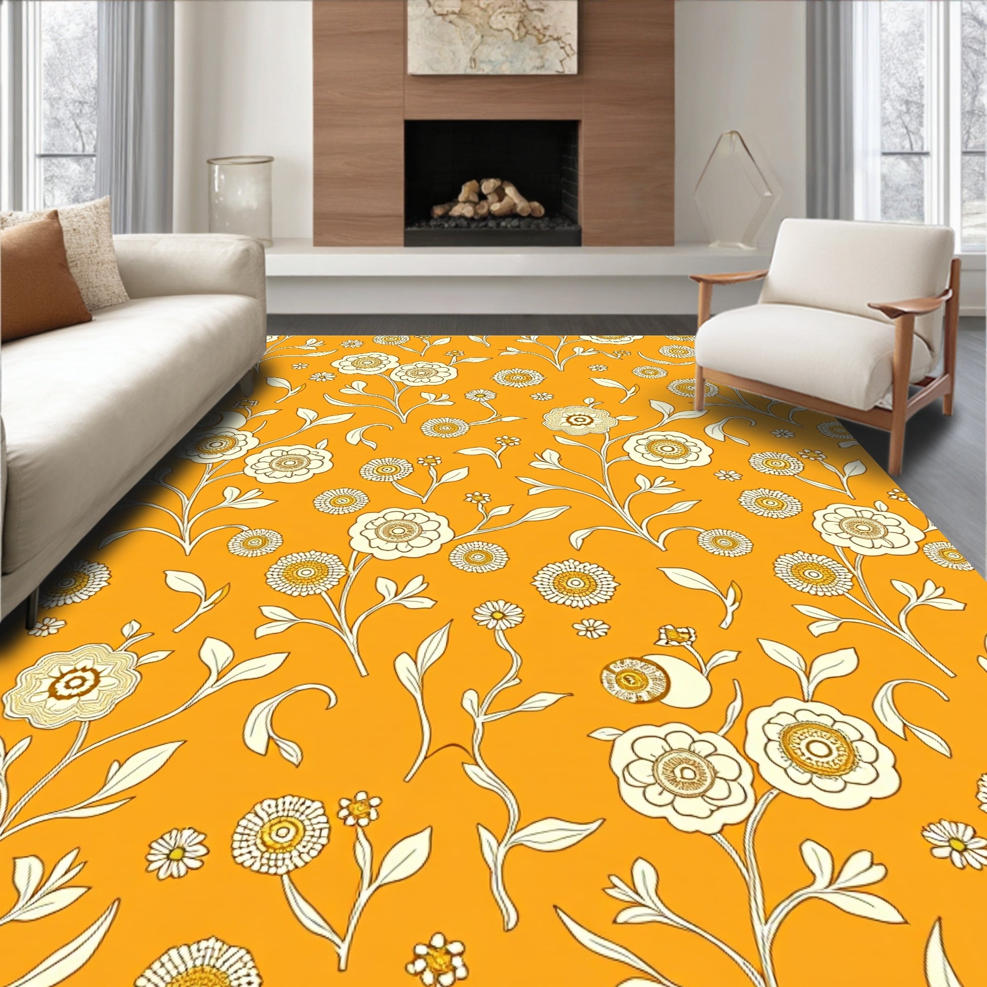 Golden Yellow Floral Pattern Rug