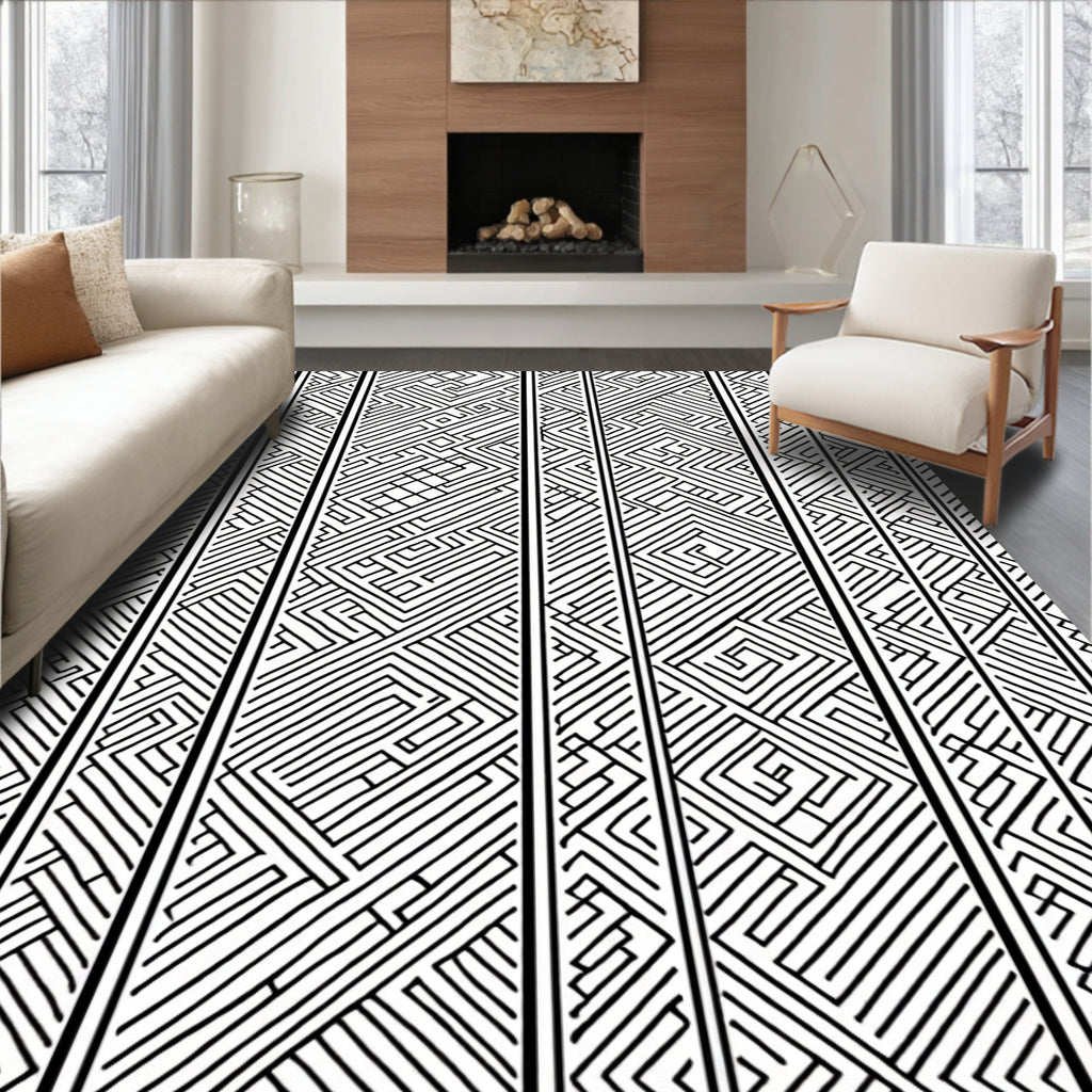 Striped Geometric Maze Pattern Rug