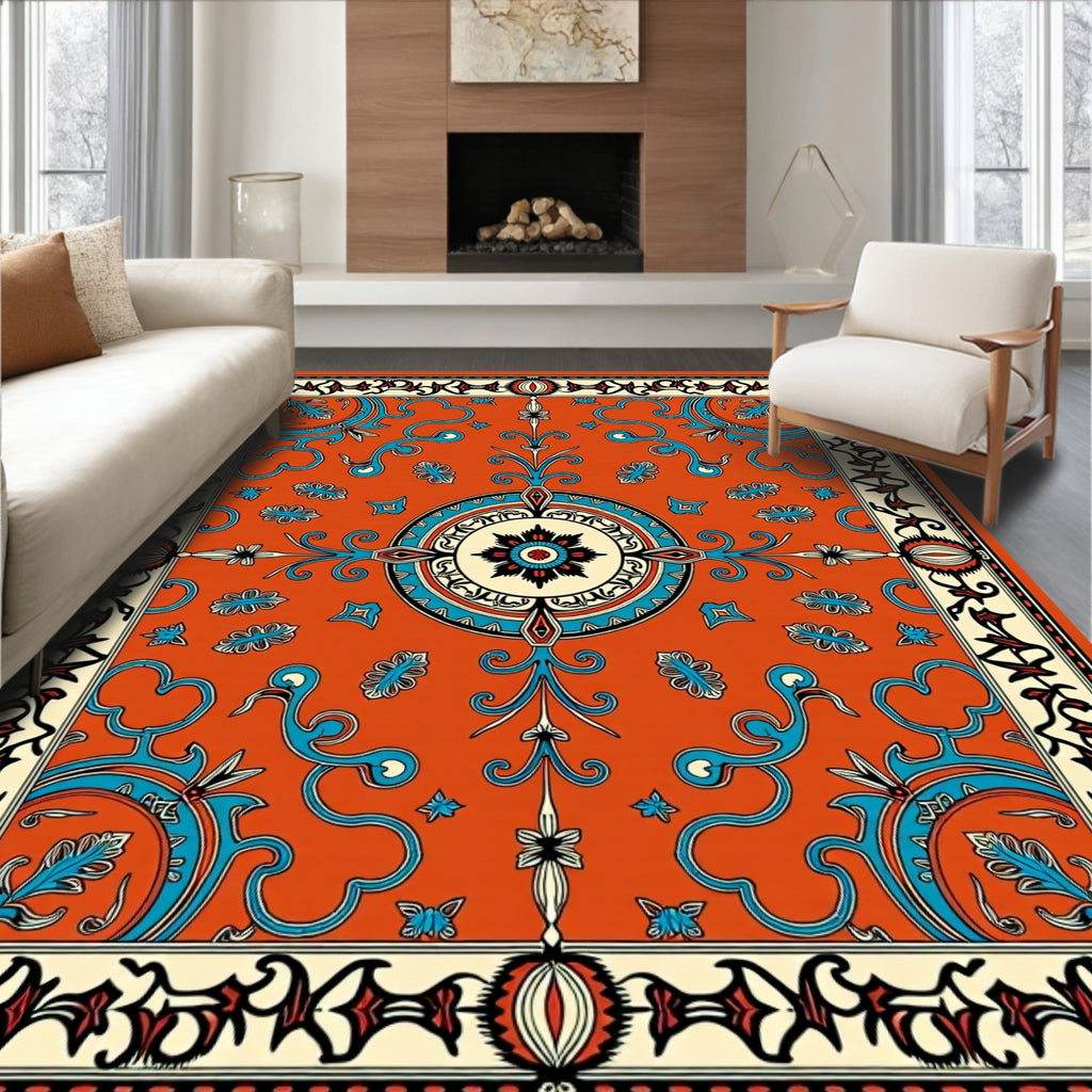 Orange Teal Floral Pattern Rug