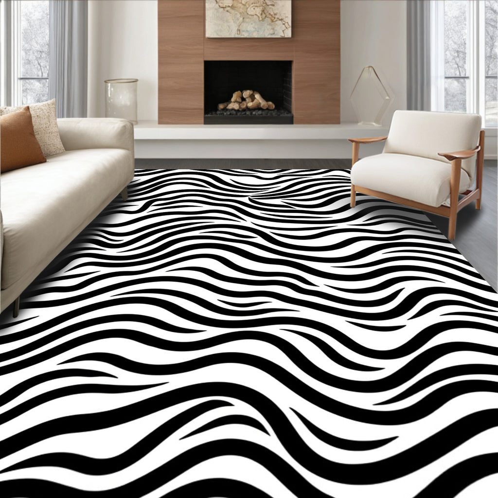Black White Wavy Stripes Design Rug