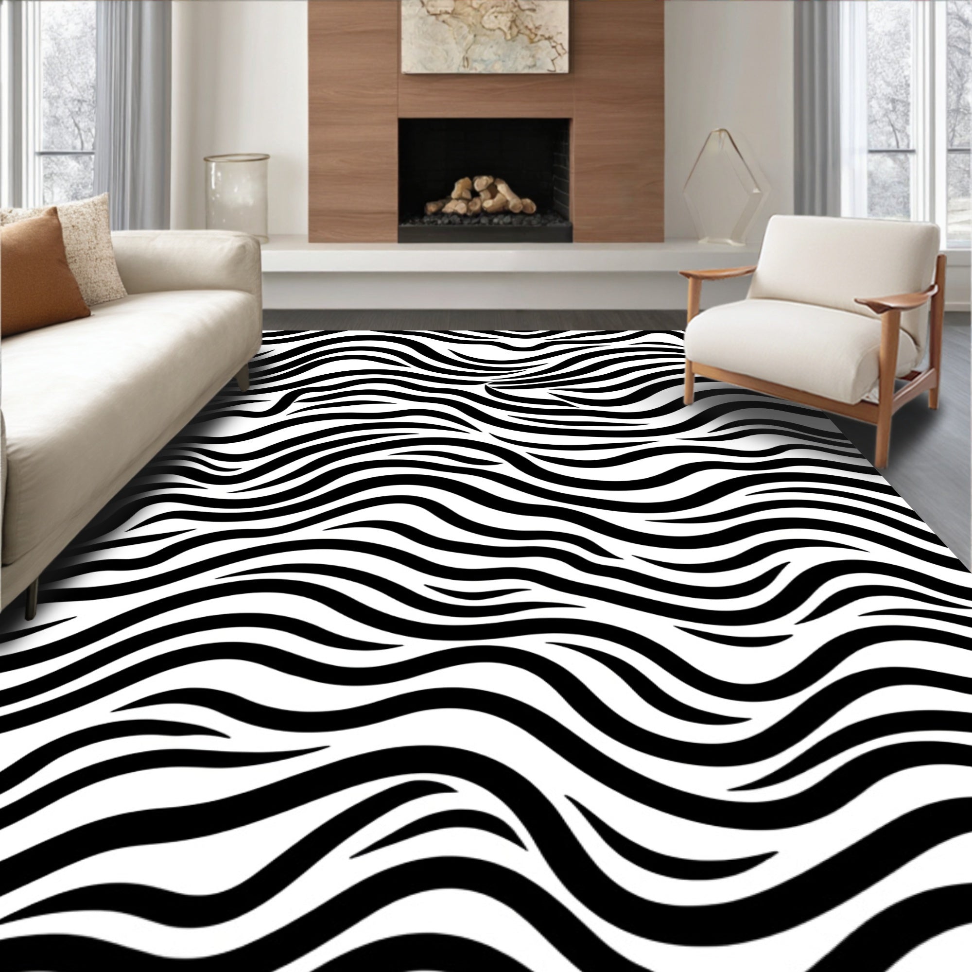 Black White Wavy Stripes Design Rug